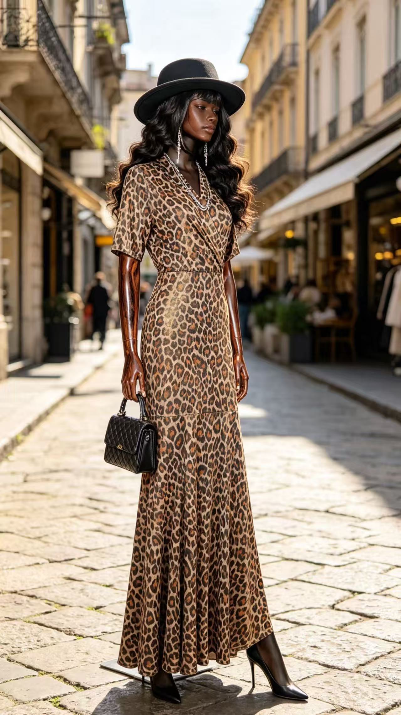 Luxury Classic Leopard Print Maxi Dress - Elegant Wrap V-Neck Fishtail Evening Gown D63100