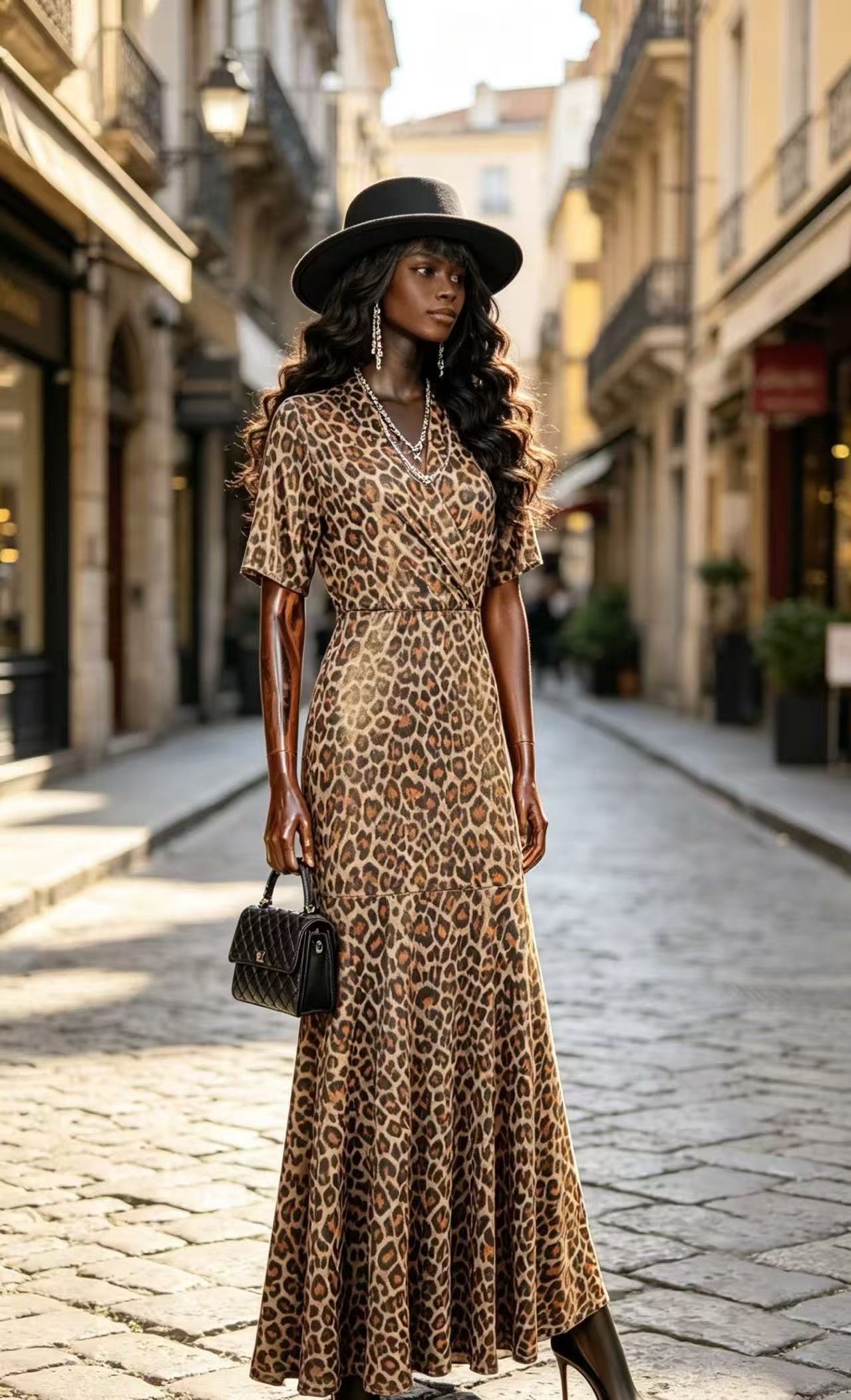 Luxury Classic Leopard Print Maxi Dress - Elegant Wrap V-Neck Fishtail Evening Gown D63100