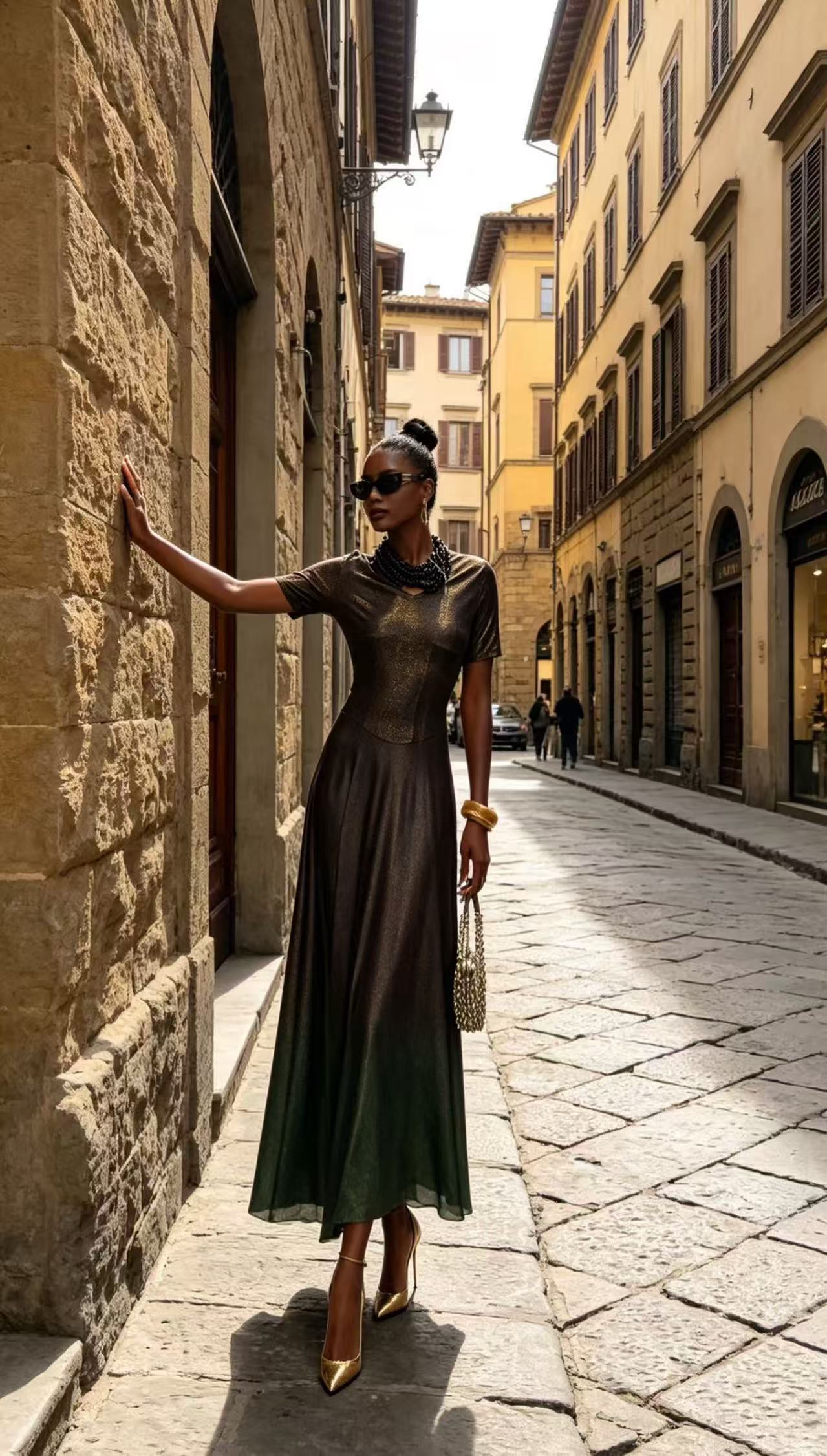 Luxury Metallic Ombre Gradient Maxi Dress - Vintage Black-Gold to Emerald Green Evening Gown D6318