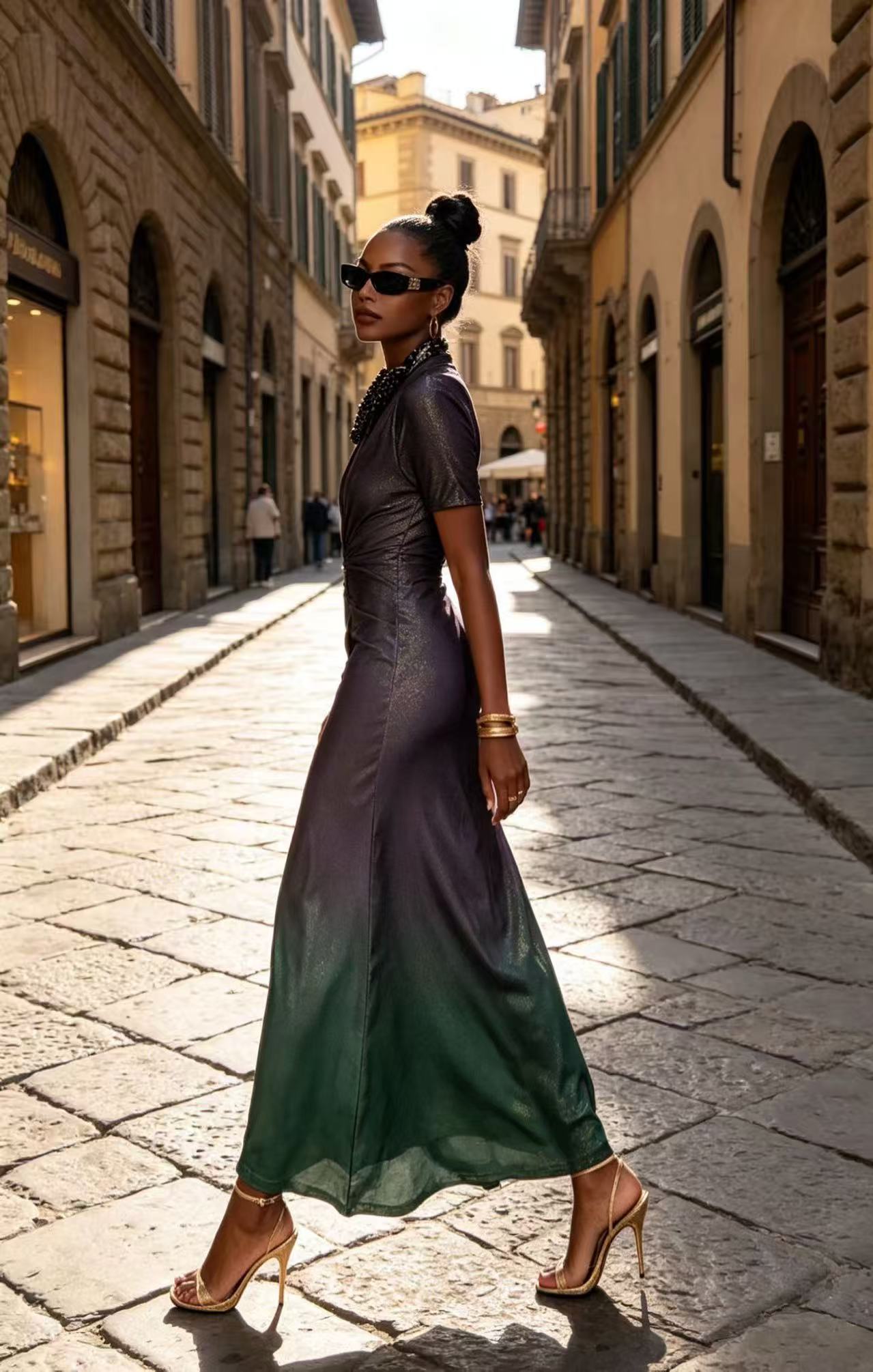 Luxury Metallic Ombre Gradient Maxi Dress - Vintage Black-Gold to Emerald Green Evening Gown D6318