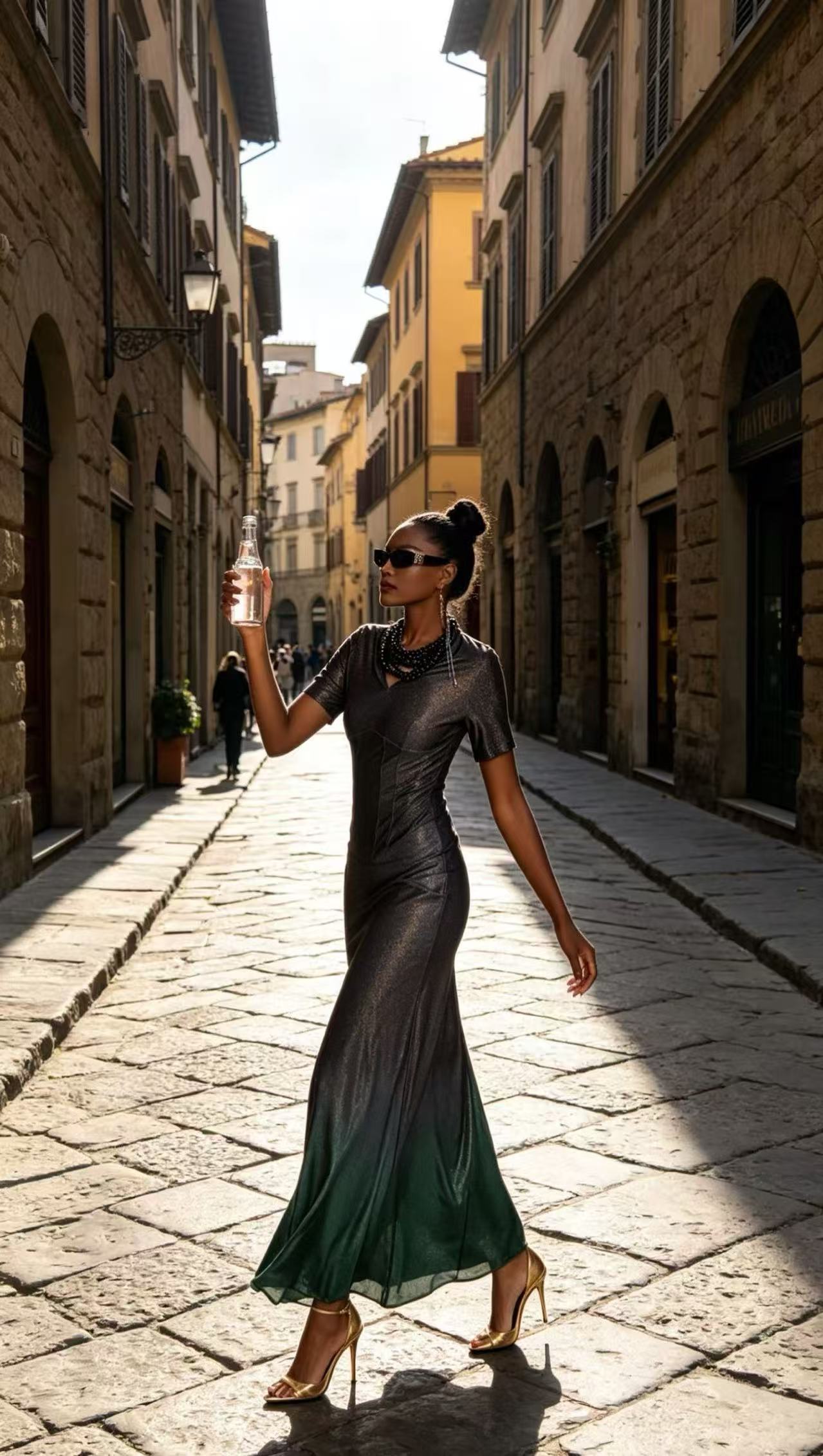 Luxury Metallic Ombre Gradient Maxi Dress - Vintage Black-Gold to Emerald Green Evening Gown D6318