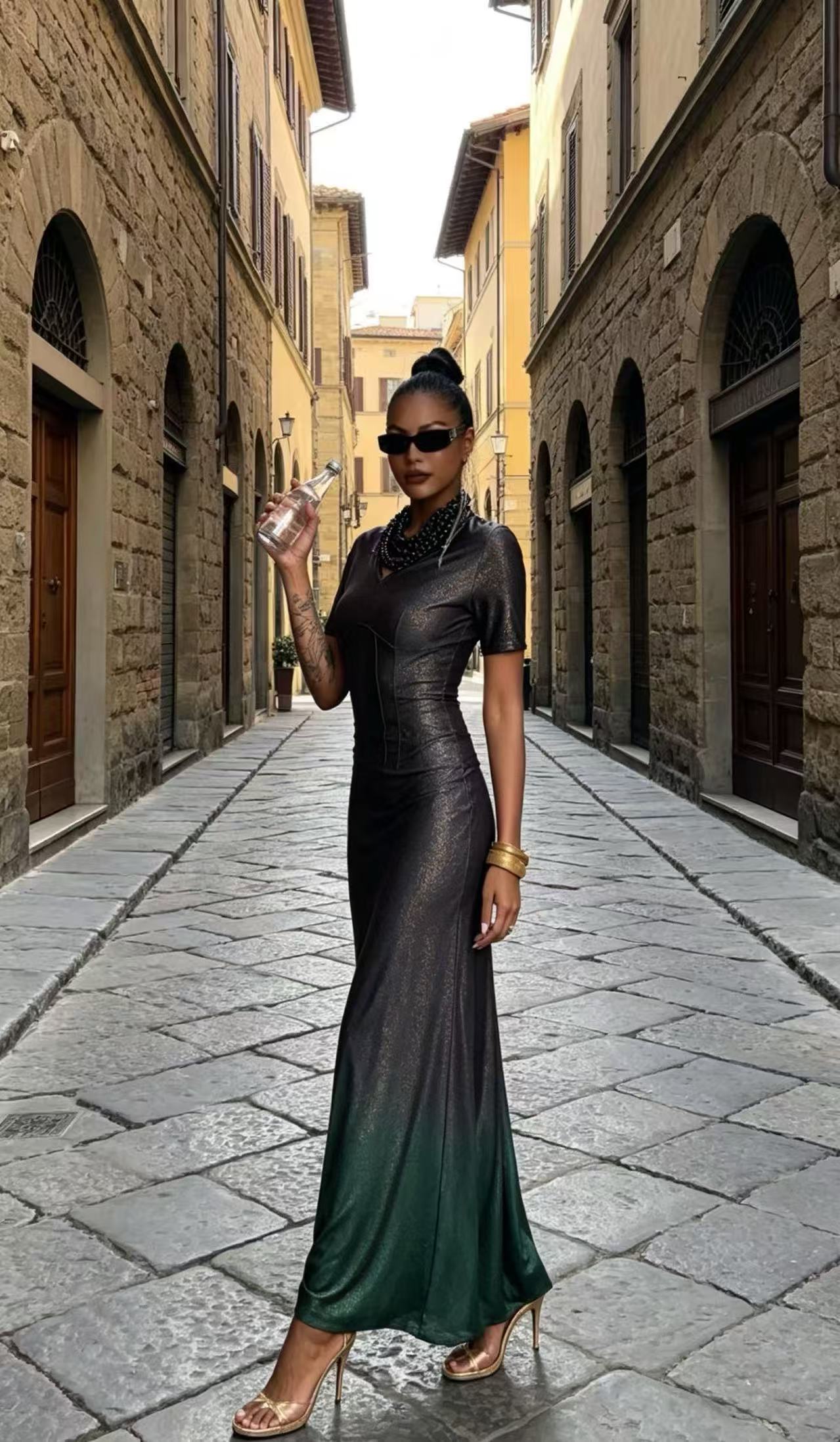 Luxury Metallic Ombre Gradient Maxi Dress - Vintage Black-Gold to Emerald Green Evening Gown D6318