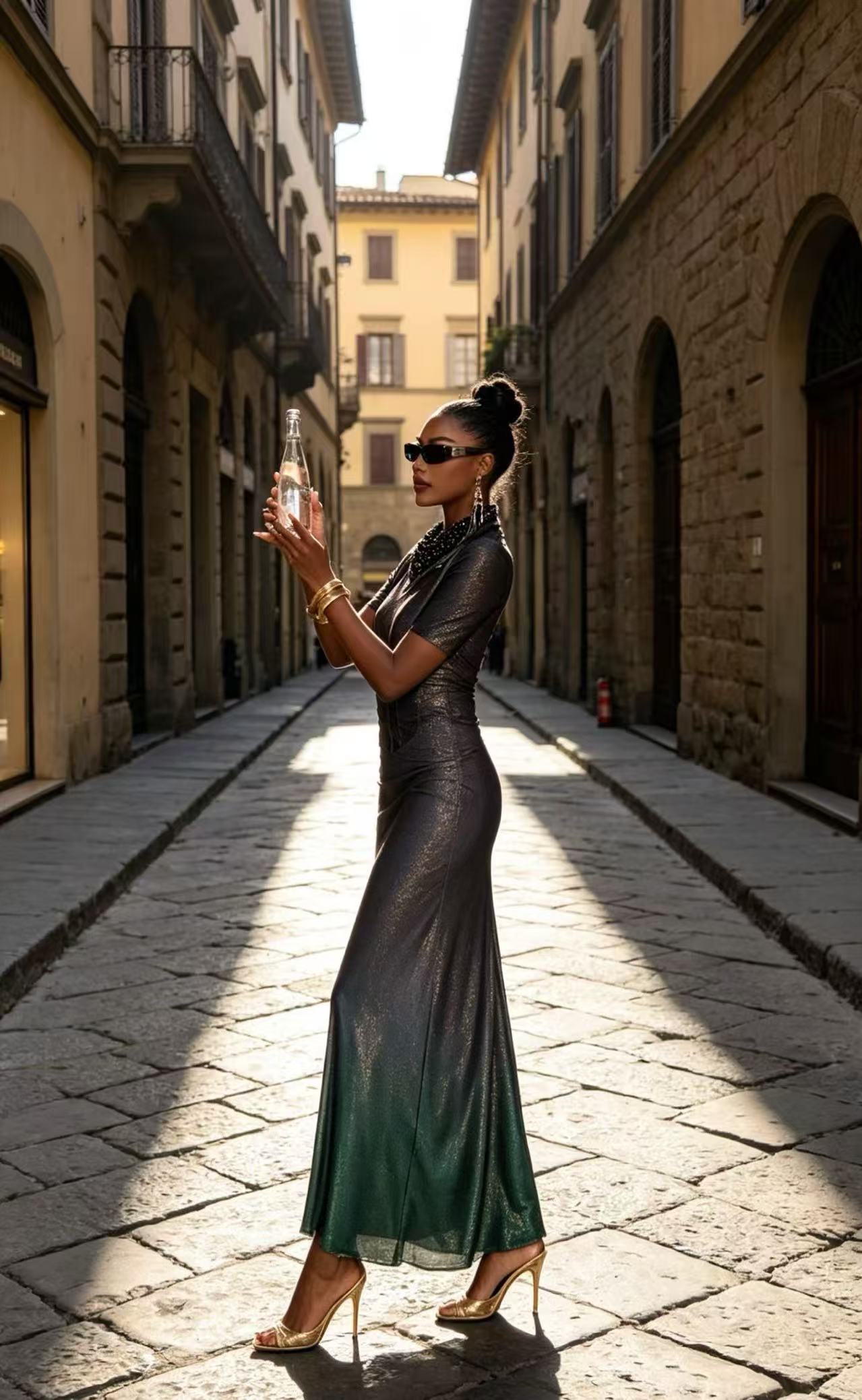 Luxury Metallic Ombre Gradient Maxi Dress - Vintage Black-Gold to Emerald Green Evening Gown D6318
