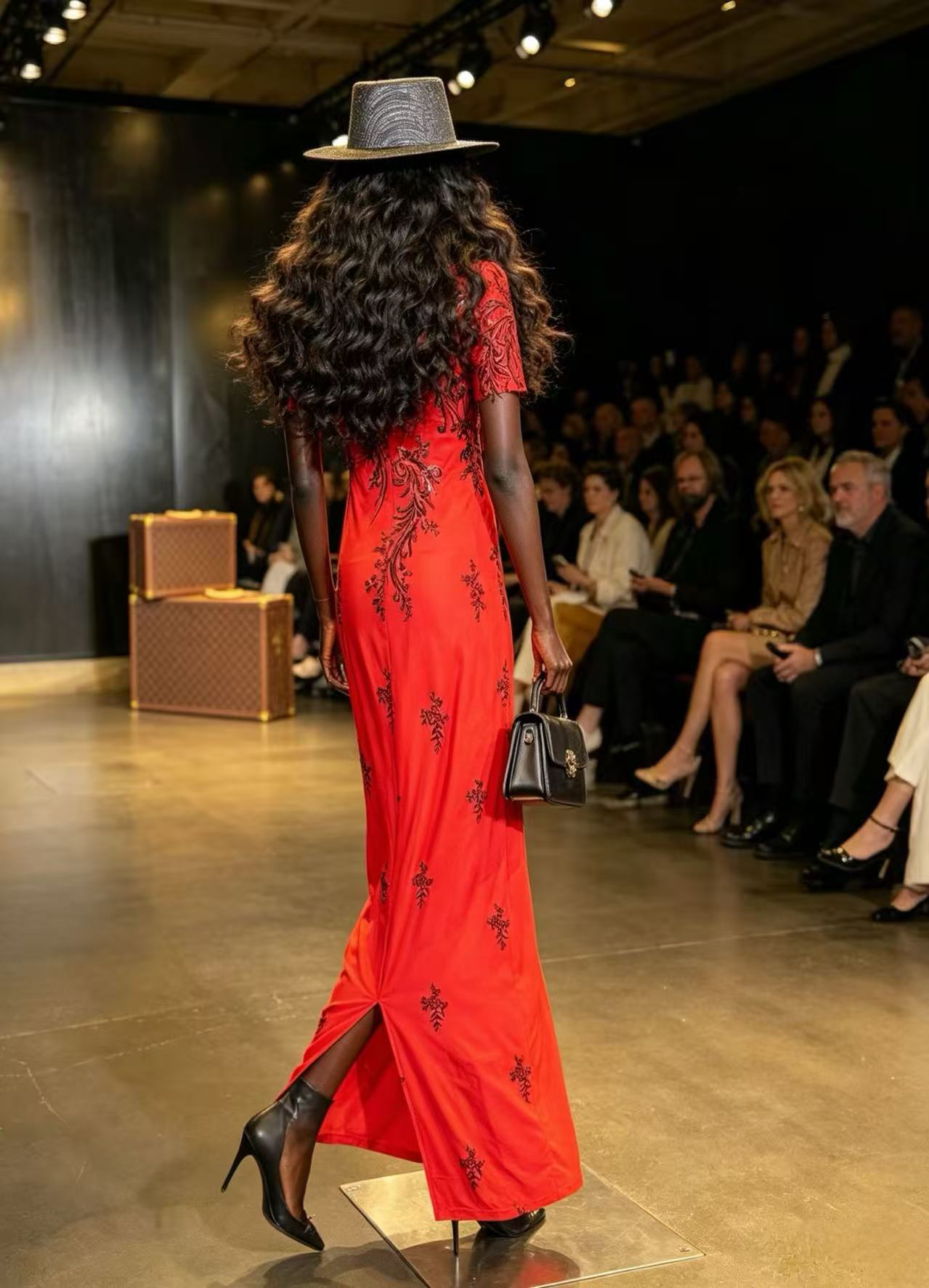 BLSS Luxury Crimson Red Embroidered Maxi Dress - Elegant Dark Floral Vine Runway Evening Gown D63265