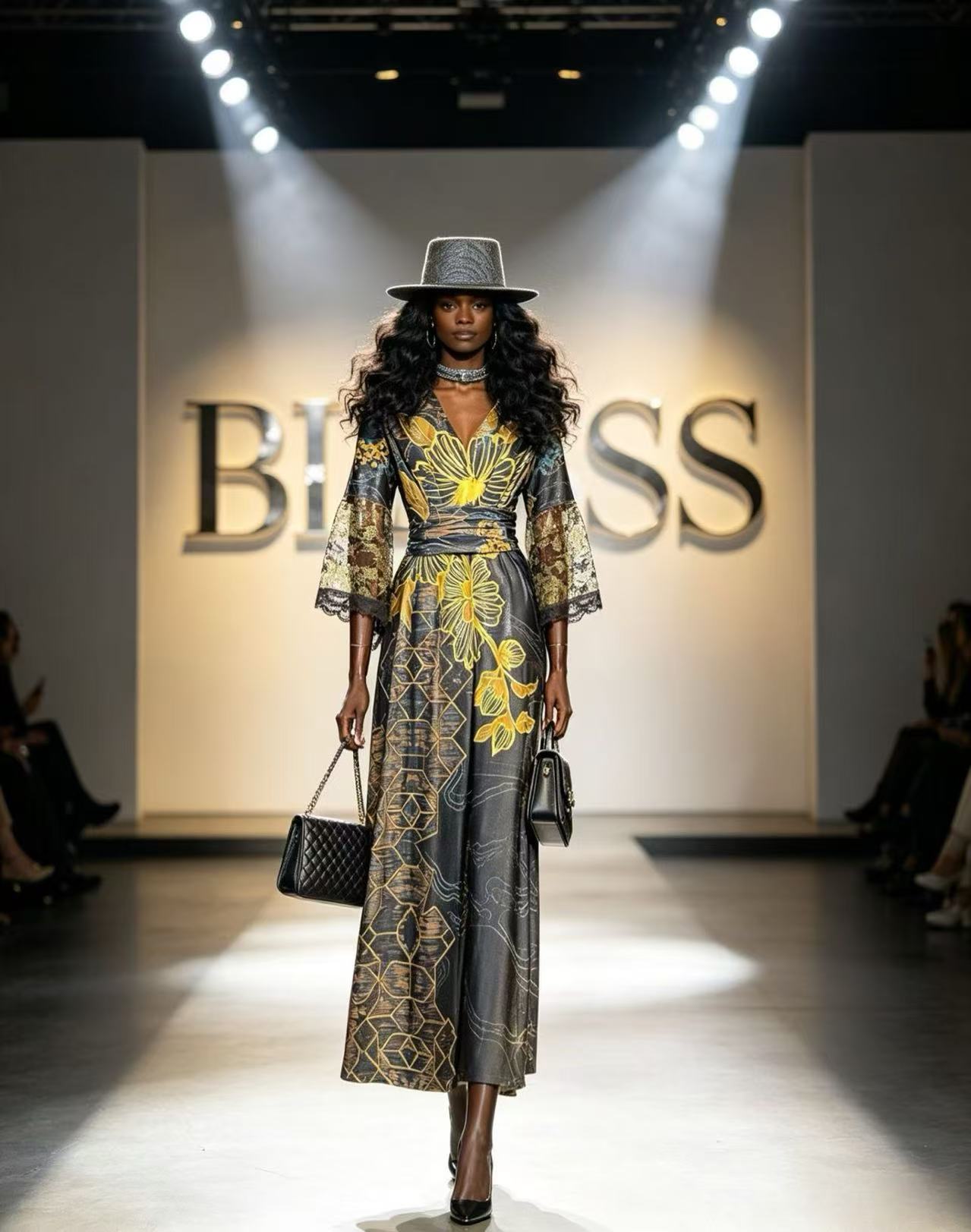 BLSS Modern Liquid Gold Shimmer Grid Maxi Dress - Futuristic Metallic Belted Evening Gown with High Slit D63234