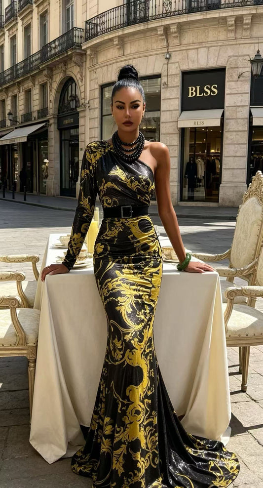 BLSS Luxury Gold Baroque Shimmer Maxi Dress - Sexy One-Shoulder Fishtail Evening Gown with Train D6391A