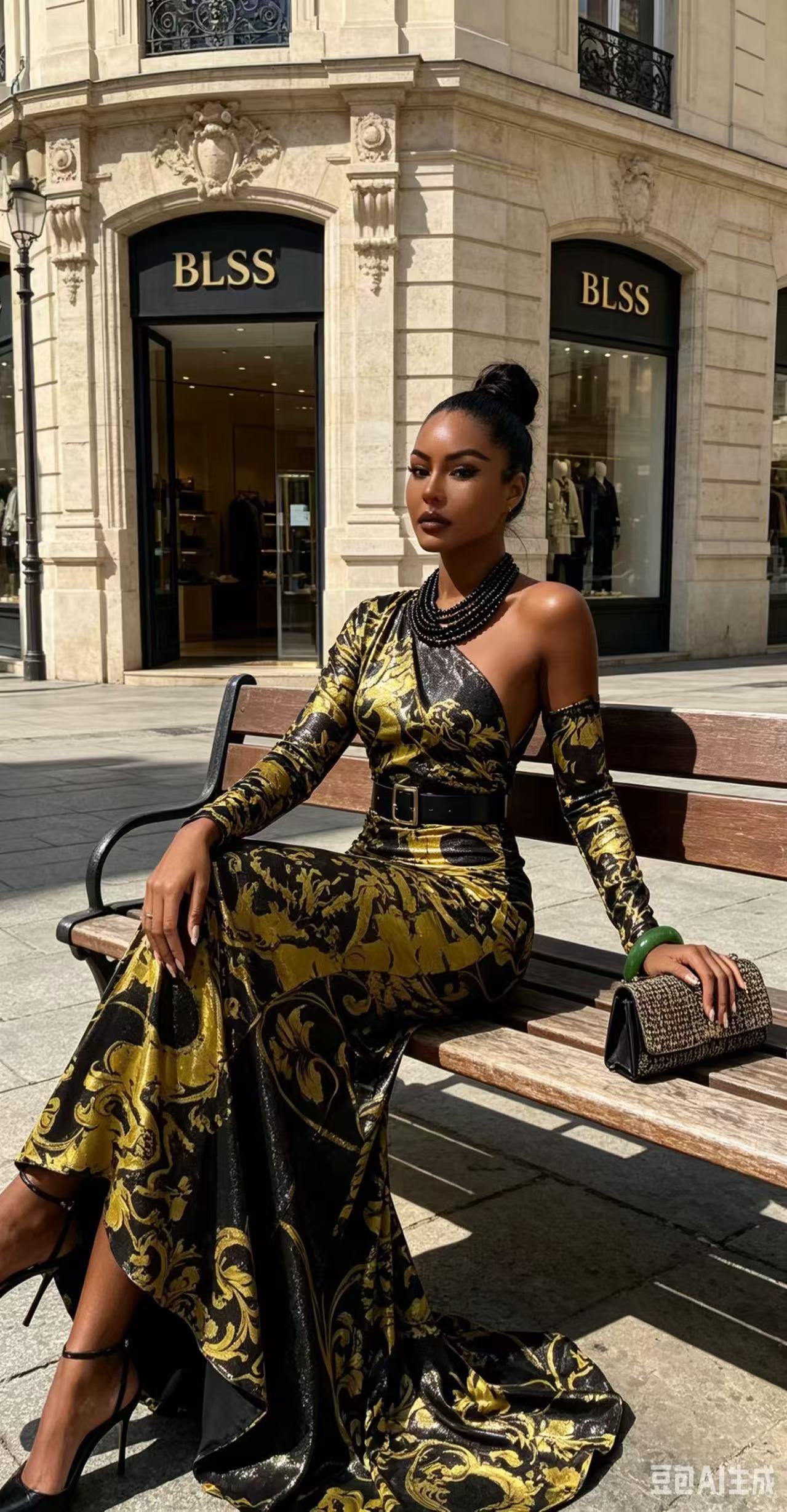 BLSS Luxury Gold Baroque Shimmer Maxi Dress - Sexy One-Shoulder Fishtail Evening Gown with Train D6391A