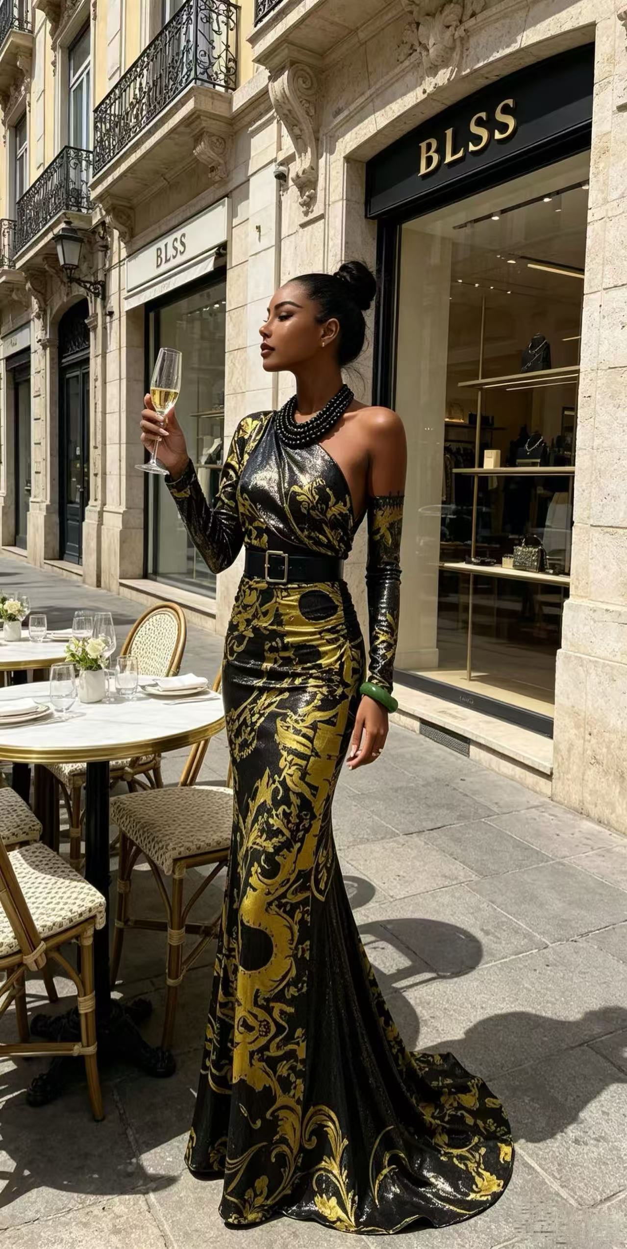 BLSS Luxury Gold Baroque Shimmer Maxi Dress - Sexy One-Shoulder Fishtail Evening Gown with Train D6391A