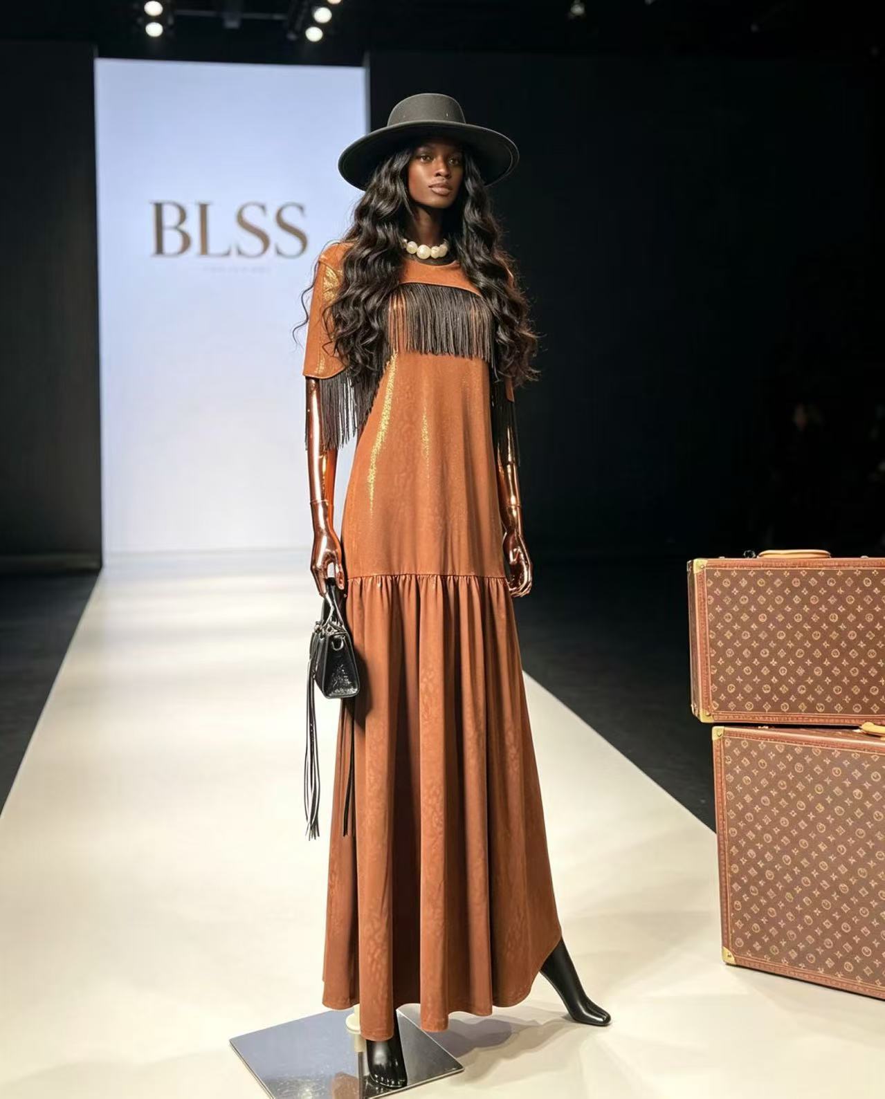 BLSS Luxury Caramel Shimmer Maxi Dress - Western-Chic Fringe Patchwork Dropped-Waist Runway Gown D63332