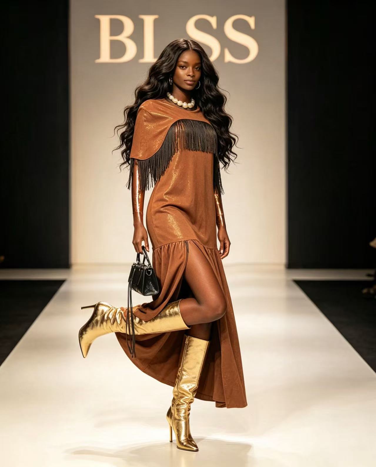 BLSS Luxury Caramel Shimmer Maxi Dress - Western-Chic Fringe Patchwork Dropped-Waist Runway Gown D63332