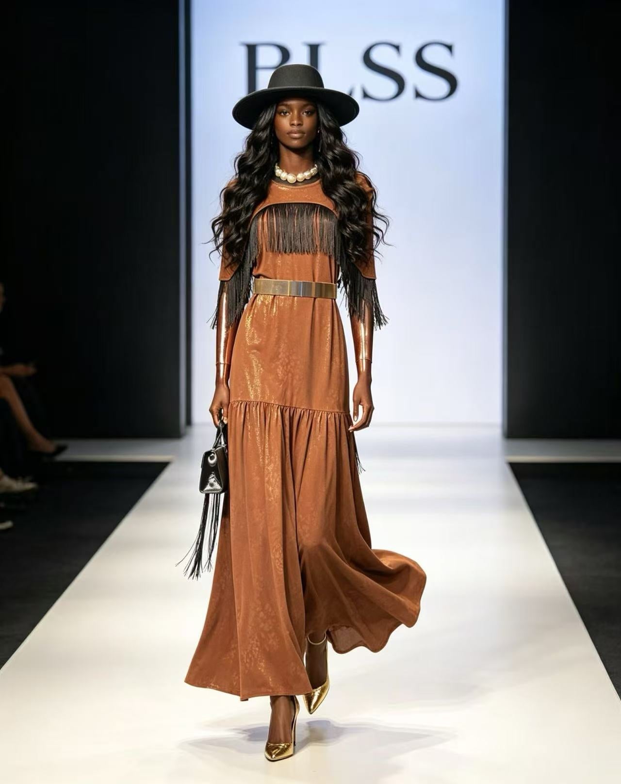 BLSS Luxury Caramel Shimmer Maxi Dress - Western-Chic Fringe Patchwork Dropped-Waist Runway Gown D63332