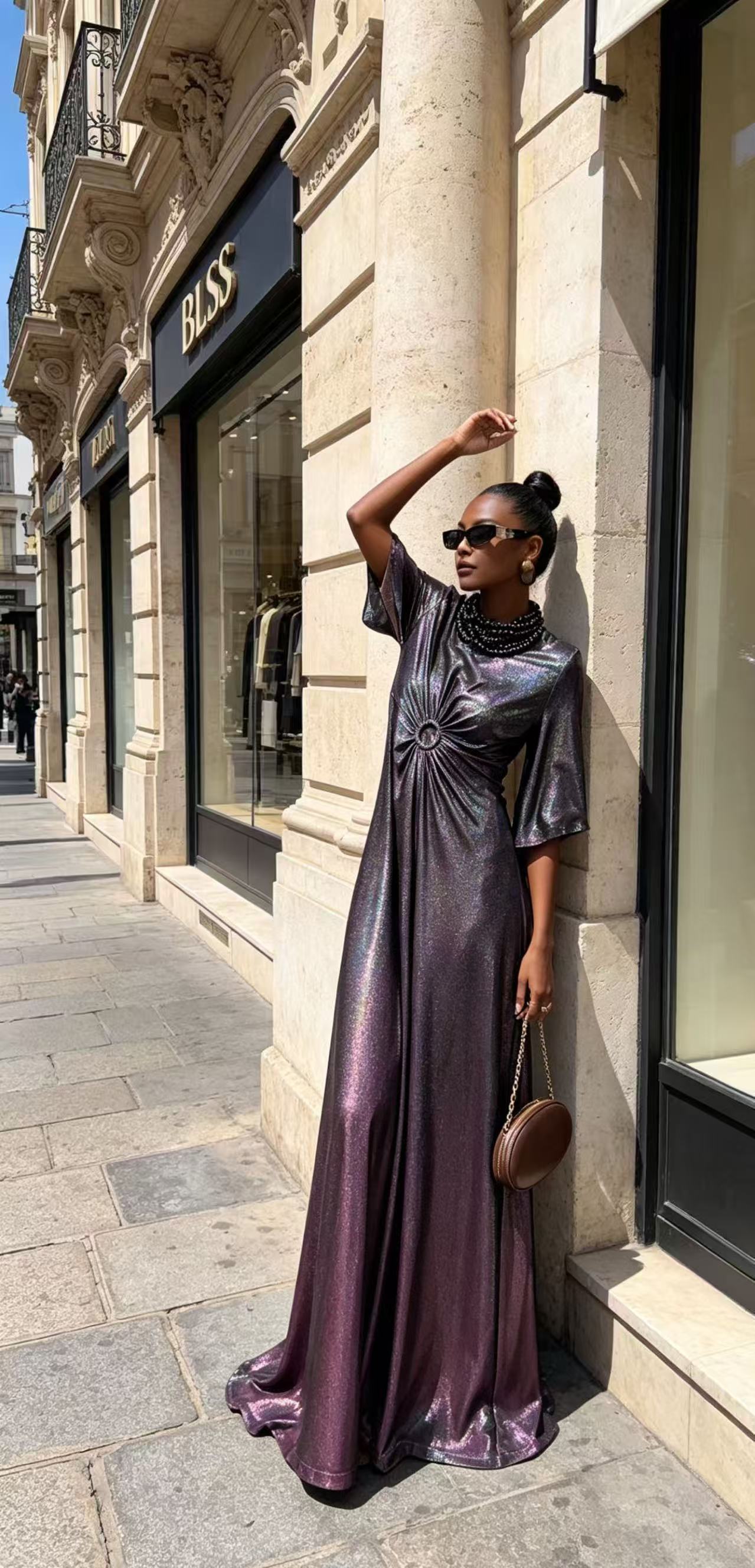 BLSS Luxury Metallic Purple Shimmer Maxi Dress - Elegant O-Ring Ruched Waist Runway Evening Gown D6385