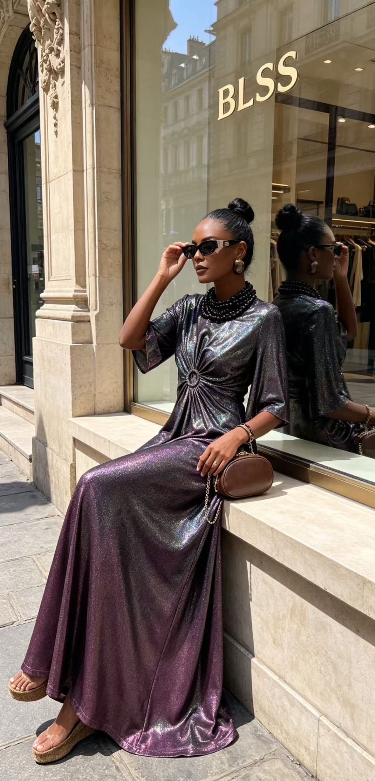 BLSS Luxury Metallic Purple Shimmer Maxi Dress - Elegant O-Ring Ruched Waist Runway Evening Gown D6385