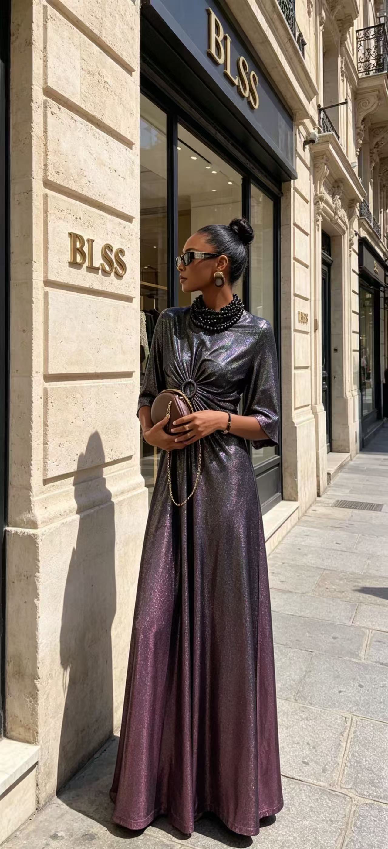 BLSS Luxury Metallic Purple Shimmer Maxi Dress - Elegant O-Ring Ruched Waist Runway Evening Gown D6385