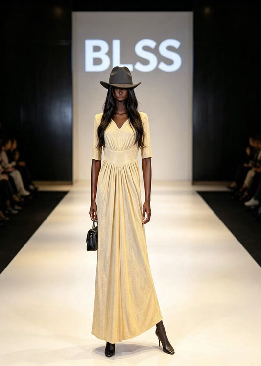 BLSS Luxury Champagne Gold Shimmer Maxi Dress - V-Neck Inverted-V Imperial Waist Runway Evening Gown D63259