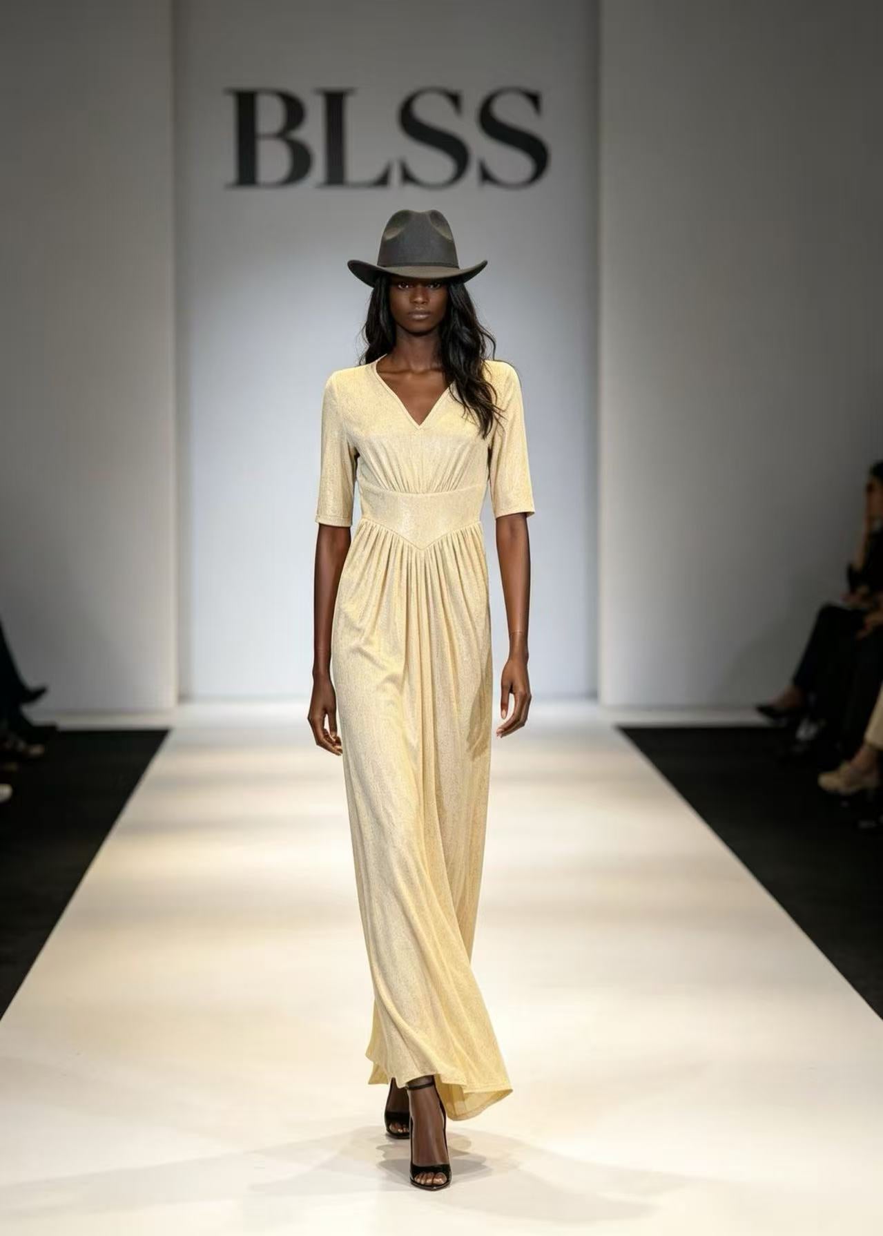 BLSS Luxury Champagne Gold Shimmer Maxi Dress - V-Neck Inverted-V Imperial Waist Runway Evening Gown D63259