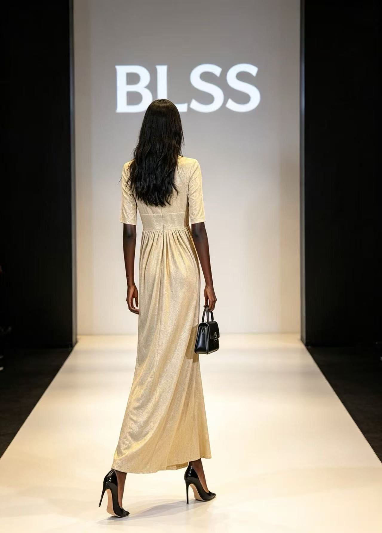 BLSS Luxury Champagne Gold Shimmer Maxi Dress - V-Neck Inverted-V Imperial Waist Runway Evening Gown D63259