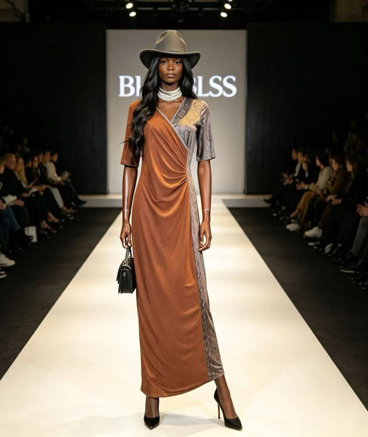 BLSS Luxury Caramel Two-Tone Patchwork Maxi Dress - V-Neck Side-Ruched Runway Evening Gown D63101