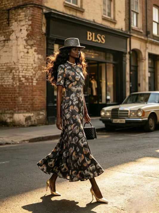 BLSS Luxury Artistic Abstract Shimmer Maxi Dress - Elegant Short-Sleeve Flared A-Line Runway Evening Gown D63245
