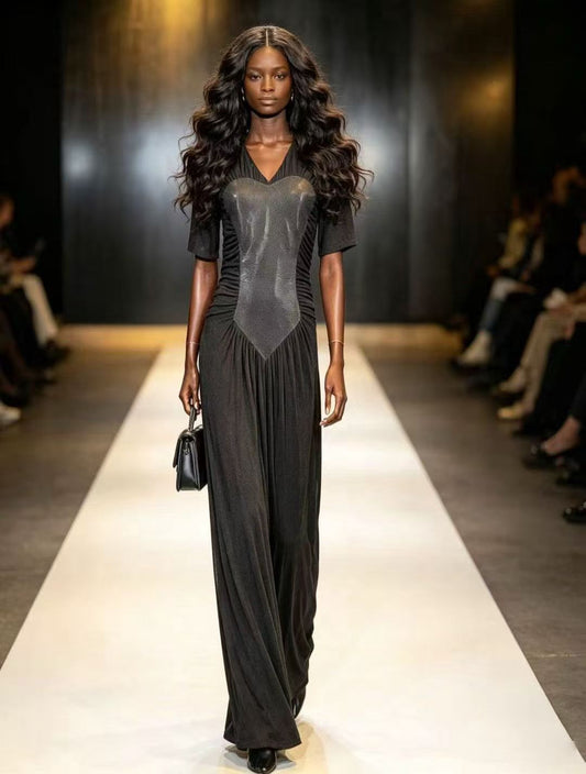 BLSS Avant-Garde Heart Metallic Patchwork Maxi Dress - V-Neck Side-Ruched Runway Evening Gown D63287