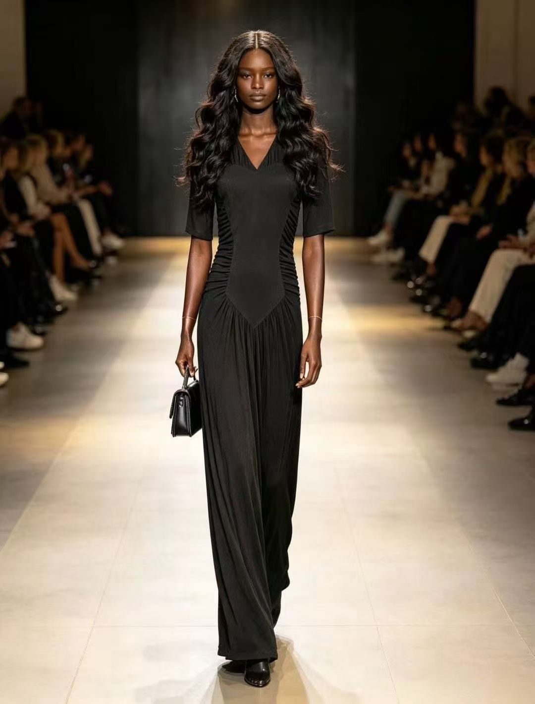 BLSS Avant-Garde Heart Metallic Patchwork Maxi Dress - V-Neck Side-Ruched Runway Evening Gown D63287