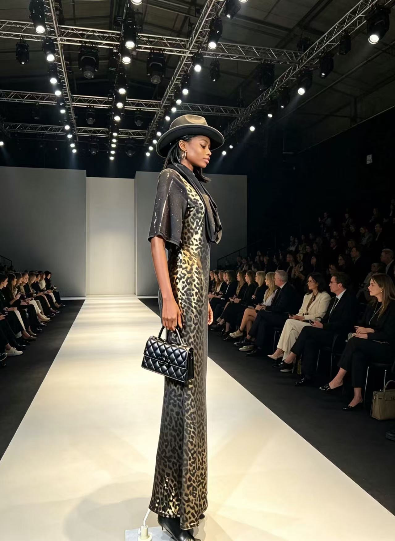 BLSS Luxury Gold Ombre Leopard Maxi Dress - Draped Cowl Neck Flutter-Sleeve Runway Gown D6331