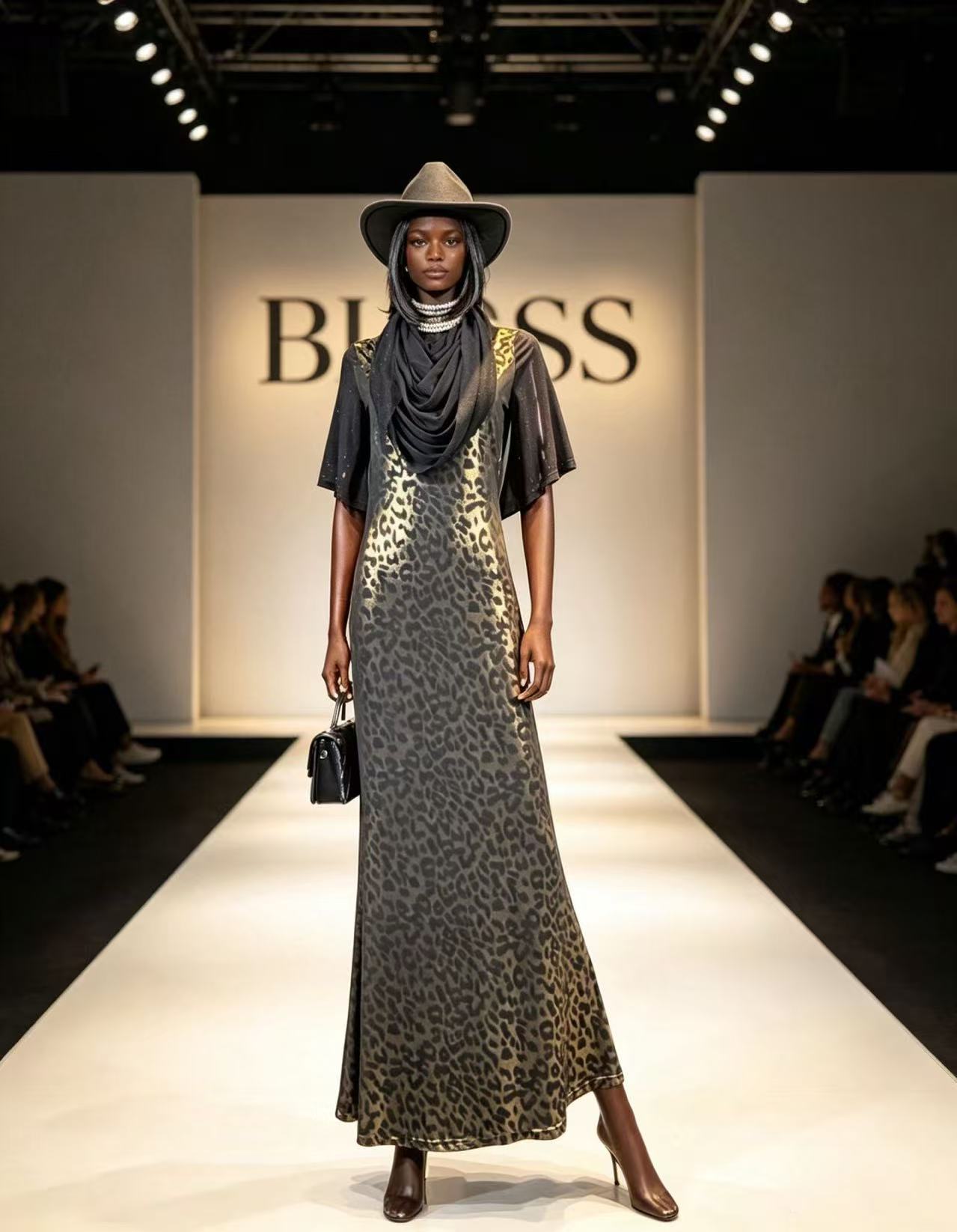 BLSS Luxury Gold Ombre Leopard Maxi Dress - Draped Cowl Neck Flutter-Sleeve Runway Gown D6331