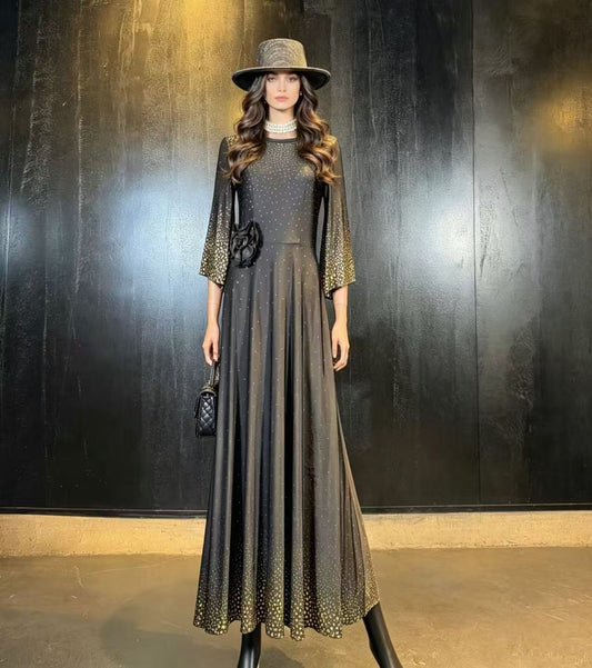 BLSS Luxury Gold Ombre Starlet Maxi Dress - Elegant 3D Flower Accent Bell-Sleeve Runway Gown D63241