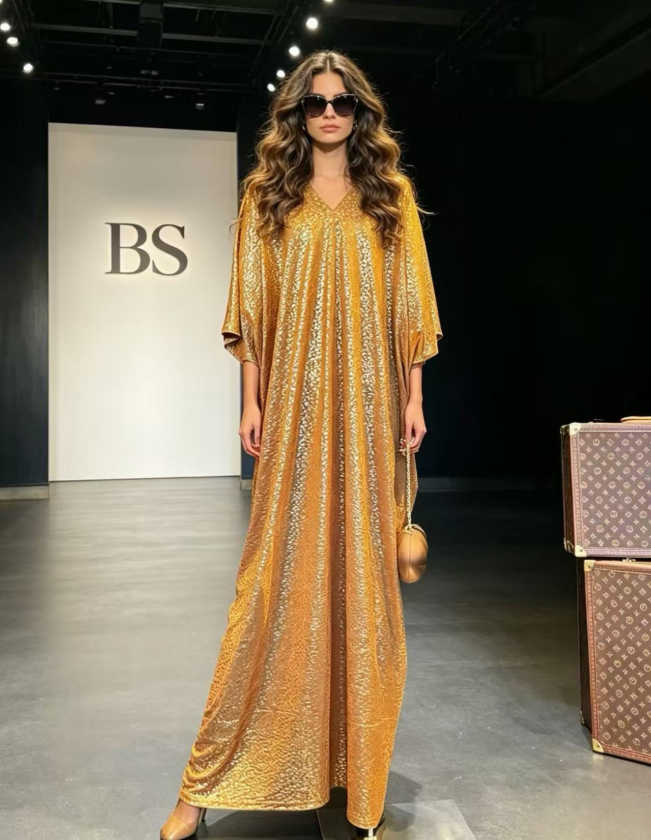 BLSS Luxury Liquid Gold Shimmer Maxi Dress - Elegant V-Neck Kaftan Batwing Sleeve Runway Gown D63321