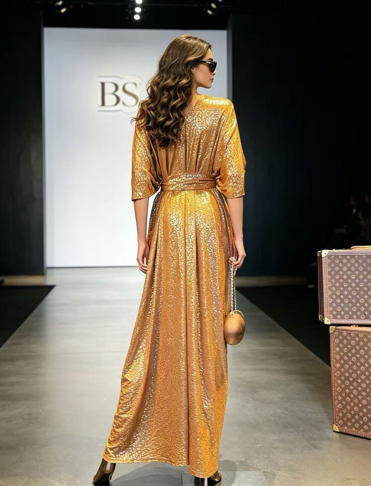 BLSS Luxury Liquid Gold Shimmer Maxi Dress - Elegant V-Neck Kaftan Batwing Sleeve Runway Gown D63321