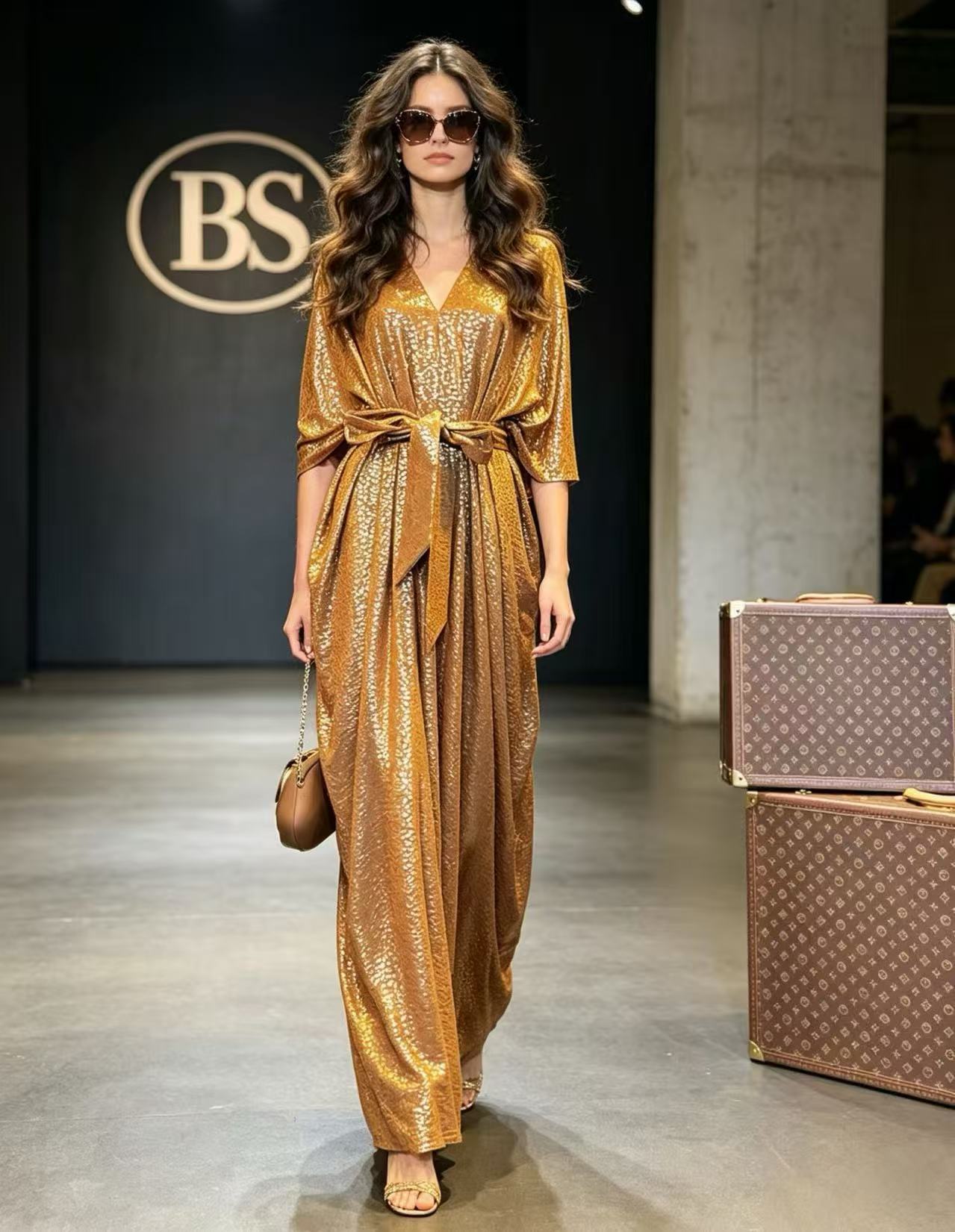 BLSS Luxury Liquid Gold Shimmer Maxi Dress - Elegant V-Neck Kaftan Batwing Sleeve Runway Gown D63321