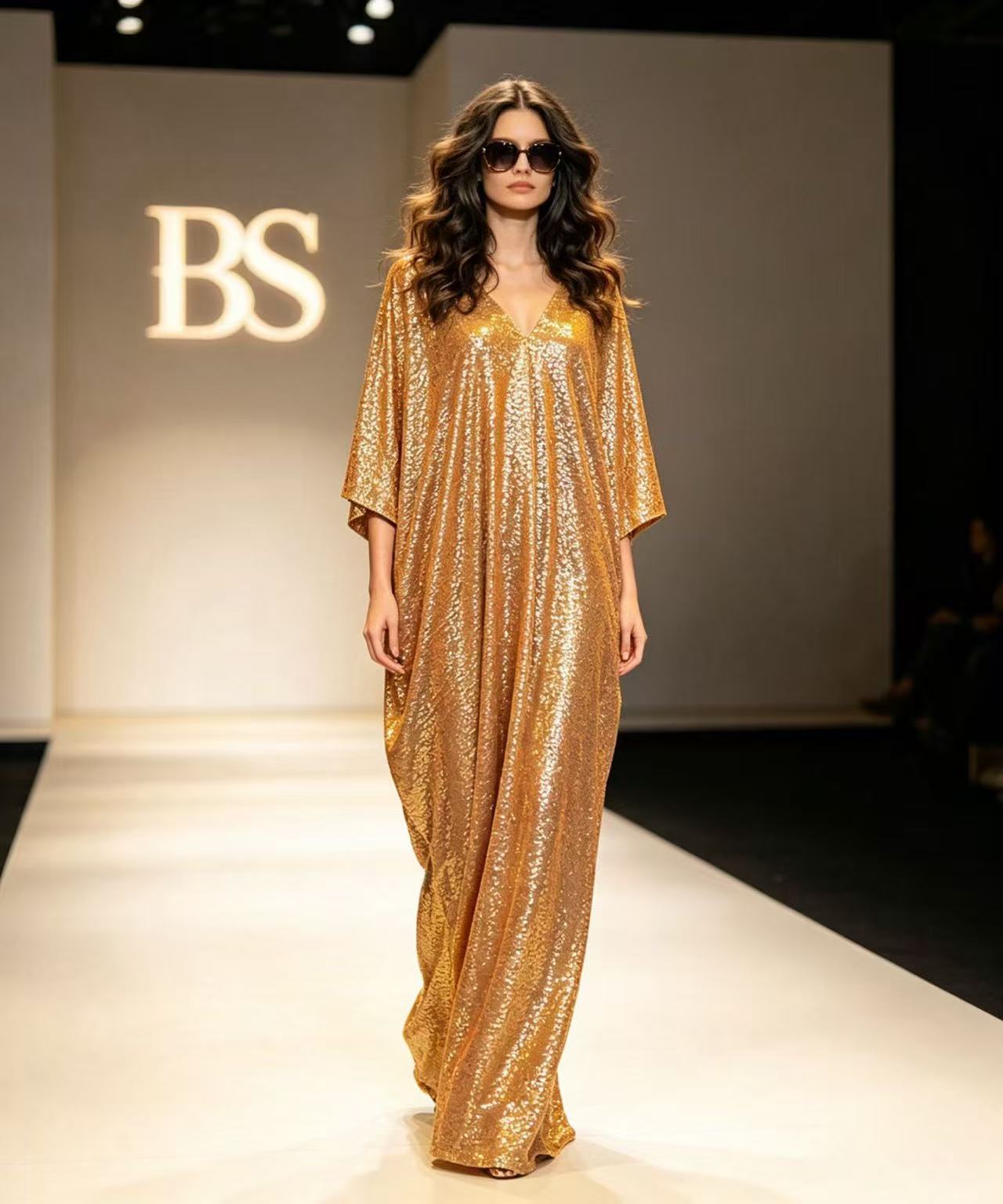 BLSS Luxury Liquid Gold Shimmer Maxi Dress - Elegant V-Neck Kaftan Batwing Sleeve Runway Gown D63321