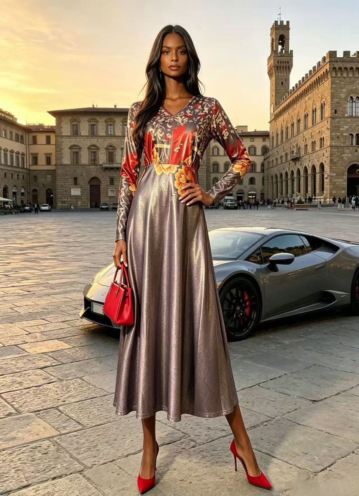 BLSS Luxury Champagne Gold Shimmer Colorblock Maxi Dress - V-Neck Floral Waist Runway Evening Gown D63168