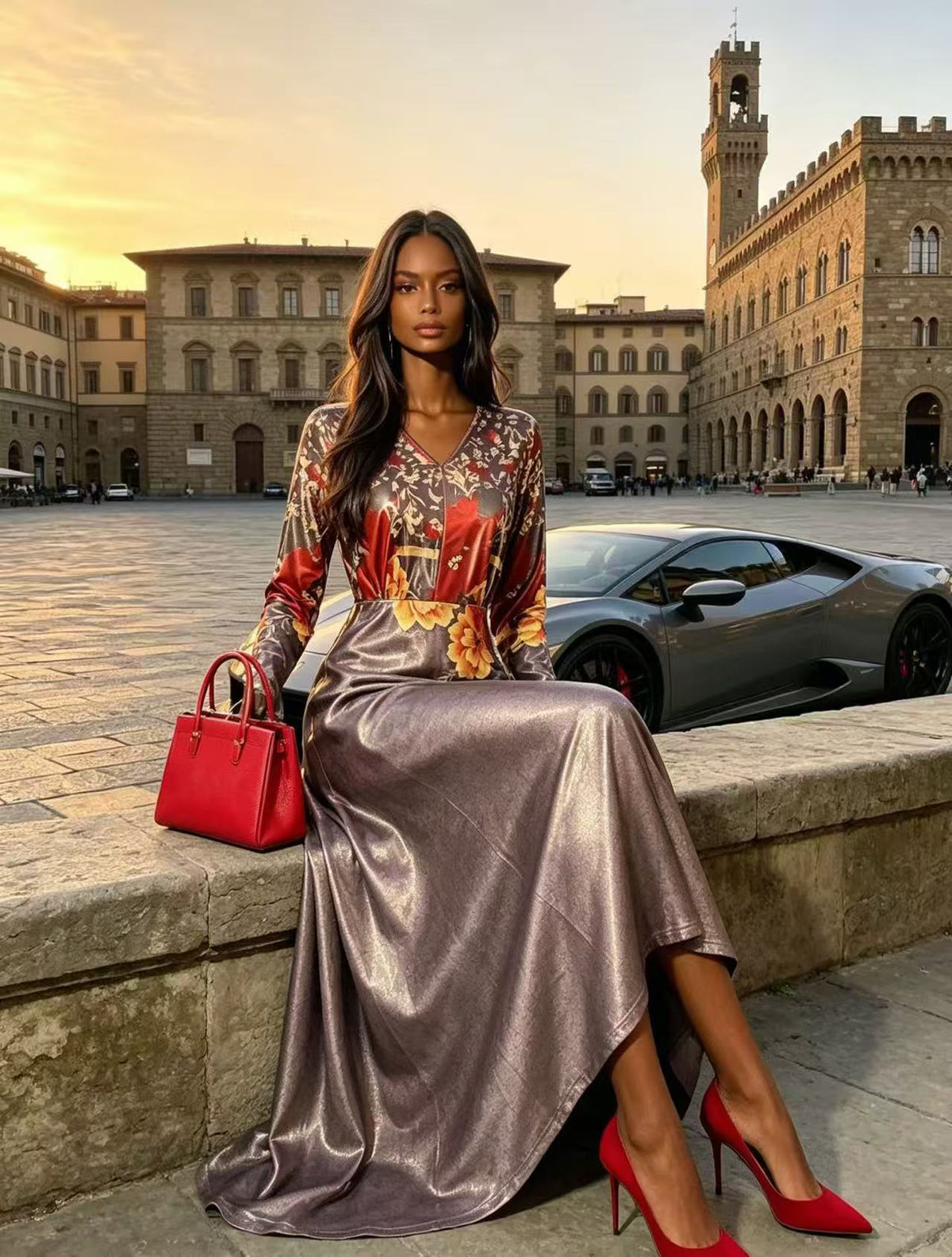 BLSS Luxury Champagne Gold Shimmer Colorblock Maxi Dress - V-Neck Floral Waist Runway Evening Gown D63168
