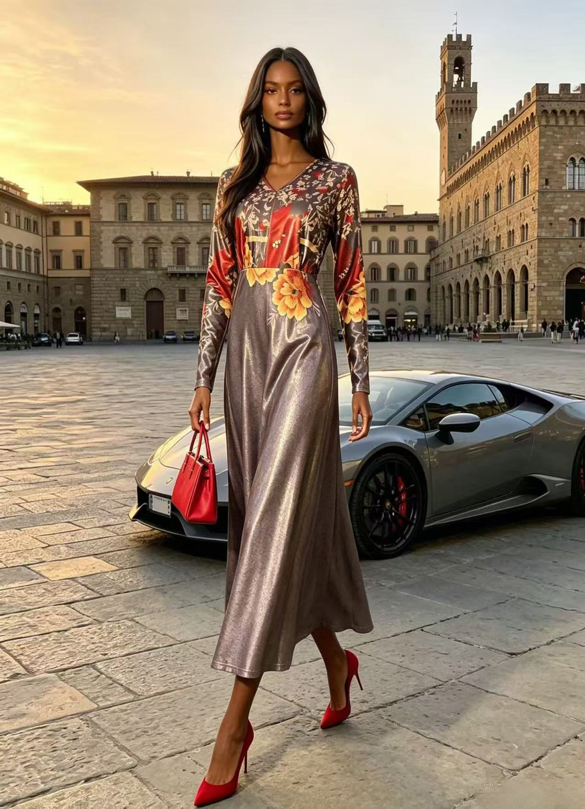BLSS Luxury Champagne Gold Shimmer Colorblock Maxi Dress - V-Neck Floral Waist Runway Evening Gown D63168