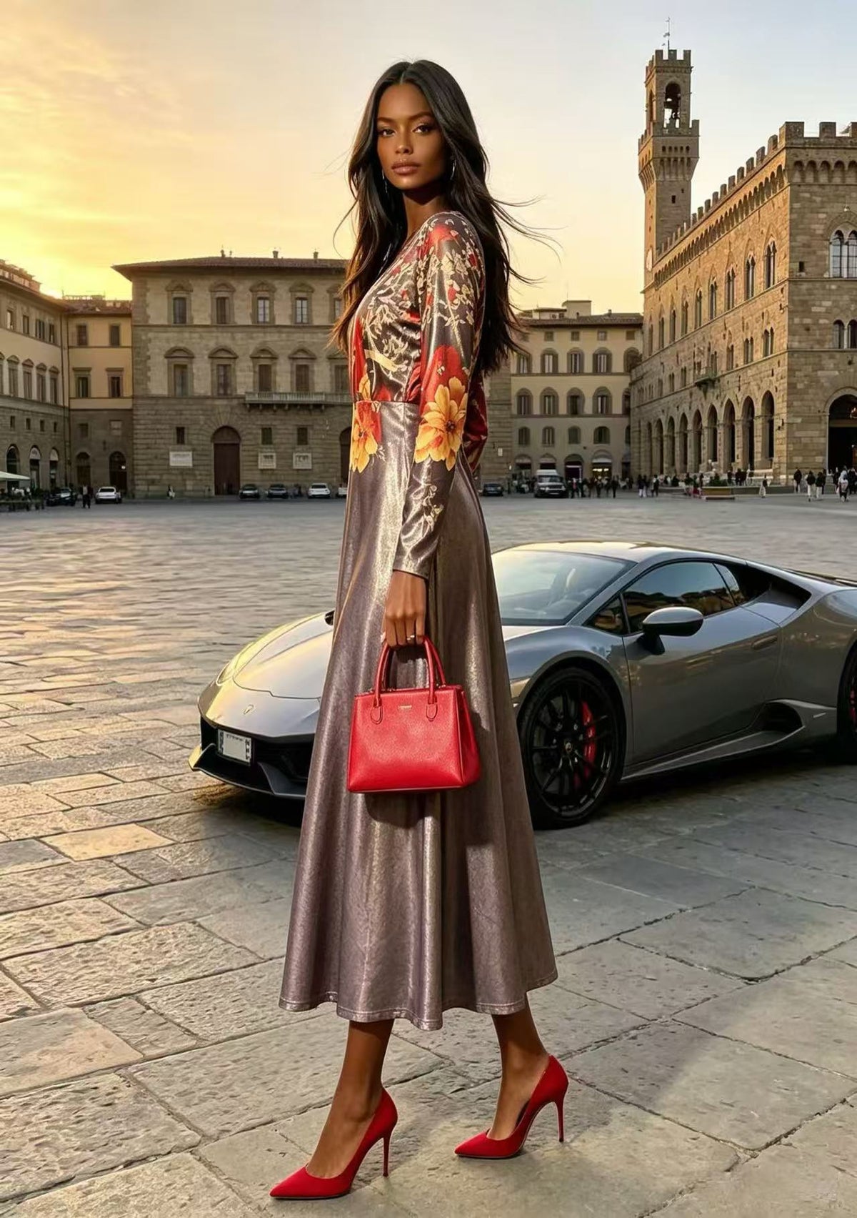 BLSS Luxury Champagne Gold Shimmer Colorblock Maxi Dress - V-Neck Floral Waist Runway Evening Gown D63168