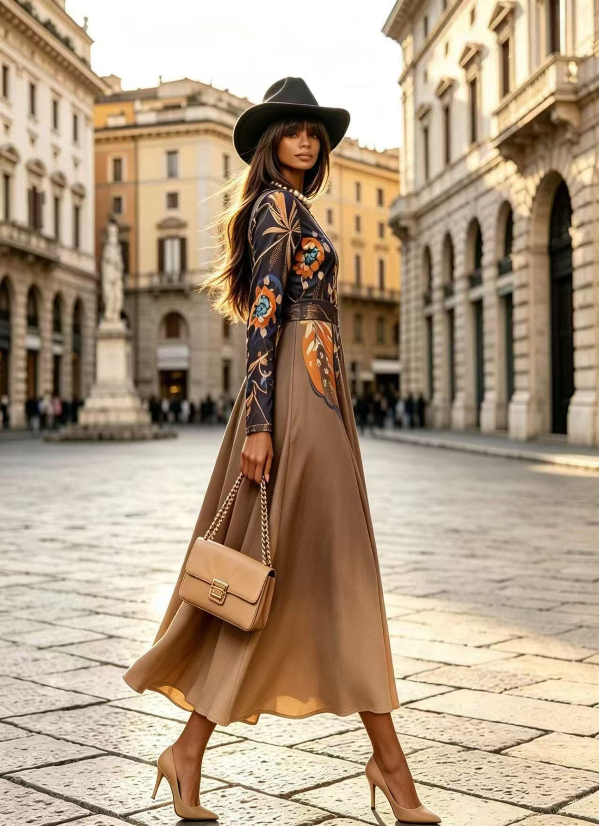 BLSS Luxury Camel Two-Tone Printed Maxi Dress - Elegant Floral High-Waist Runway Evening Gown DF63210