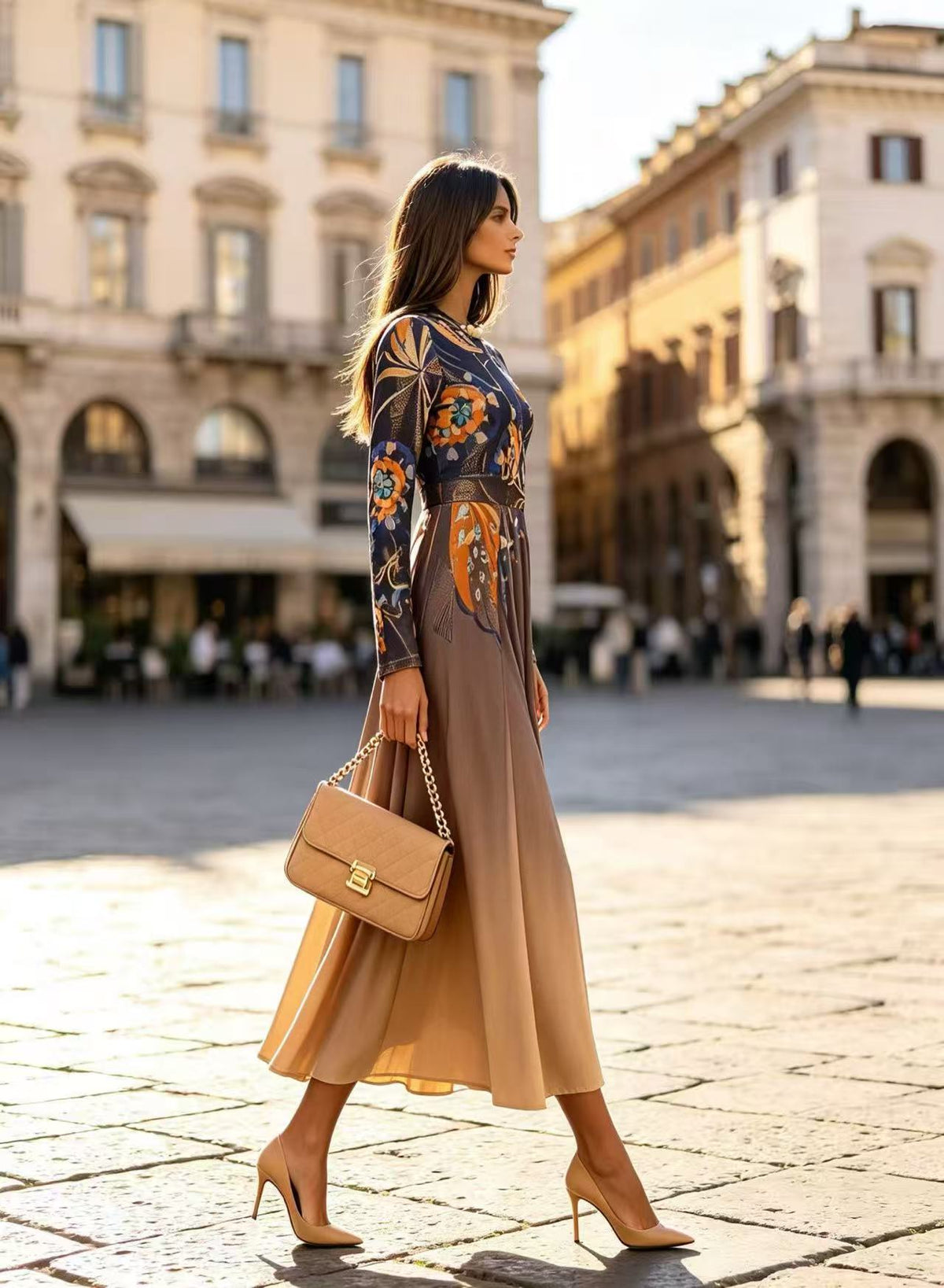 BLSS Luxury Camel Two-Tone Printed Maxi Dress - Elegant Floral High-Waist Runway Evening Gown DF63210