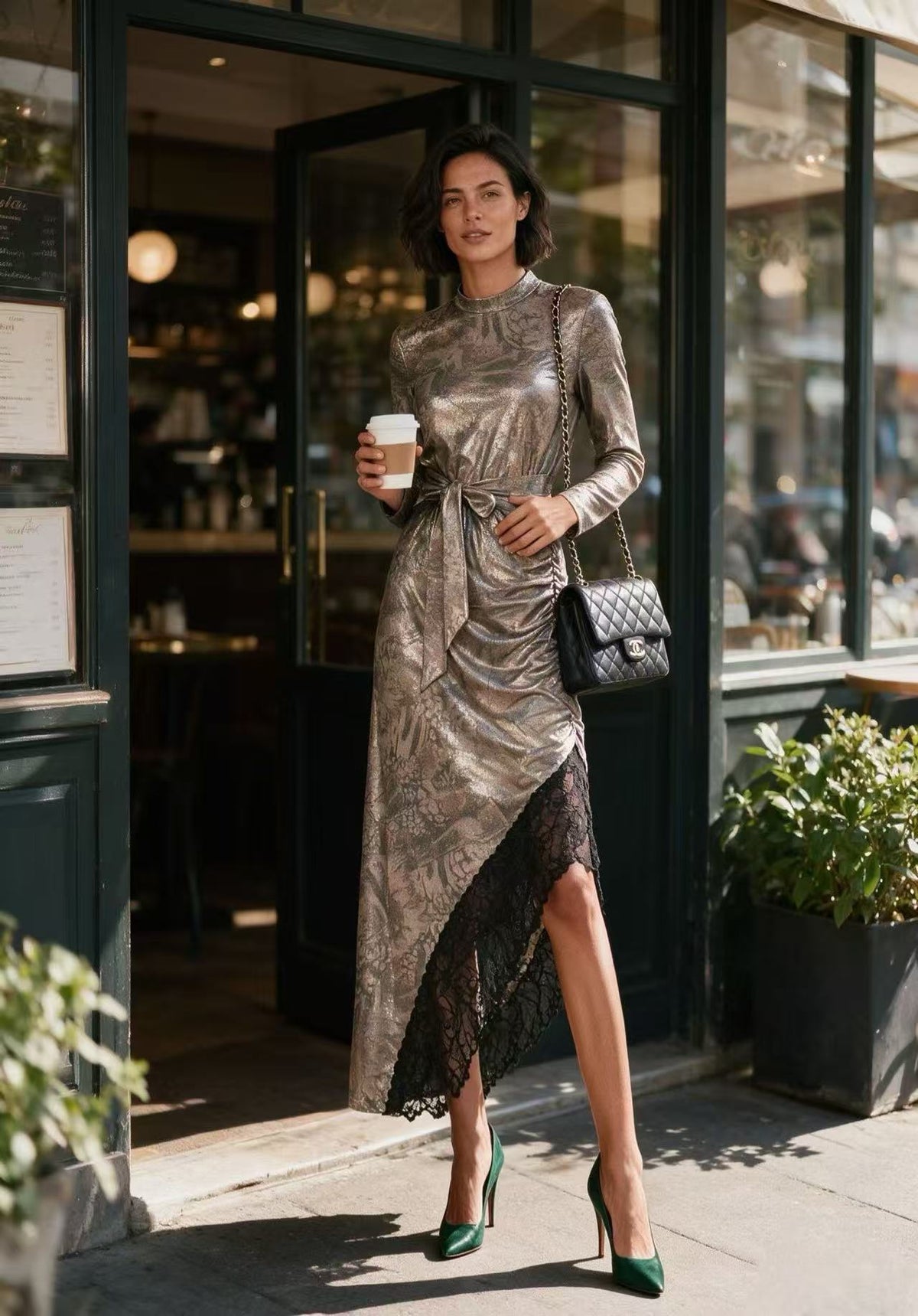Metallic Champagne Jacquard Long Sleeve Dress with Asymmetric Lace Hem D63388