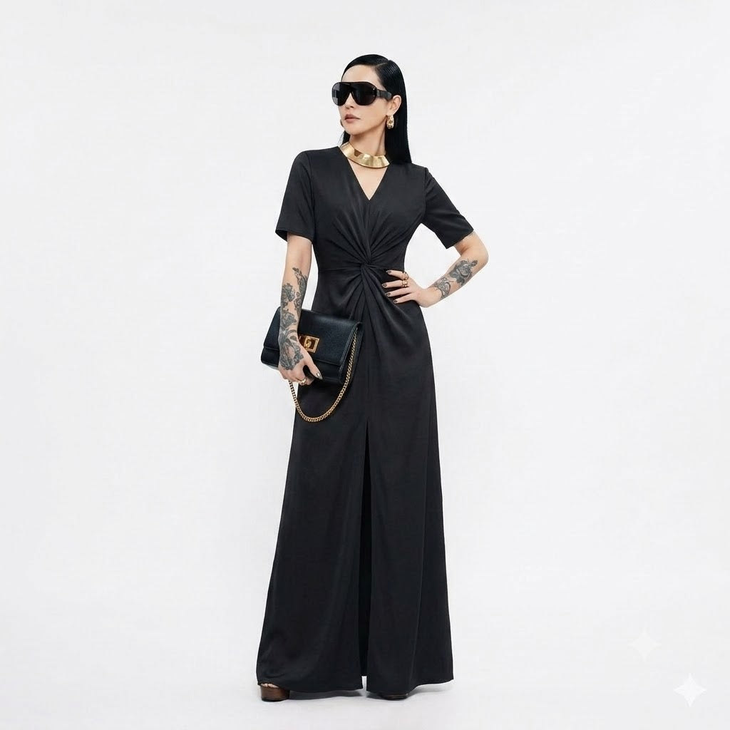 Modern Chic Black V-Neck Ruched Floor-Length Party Dress