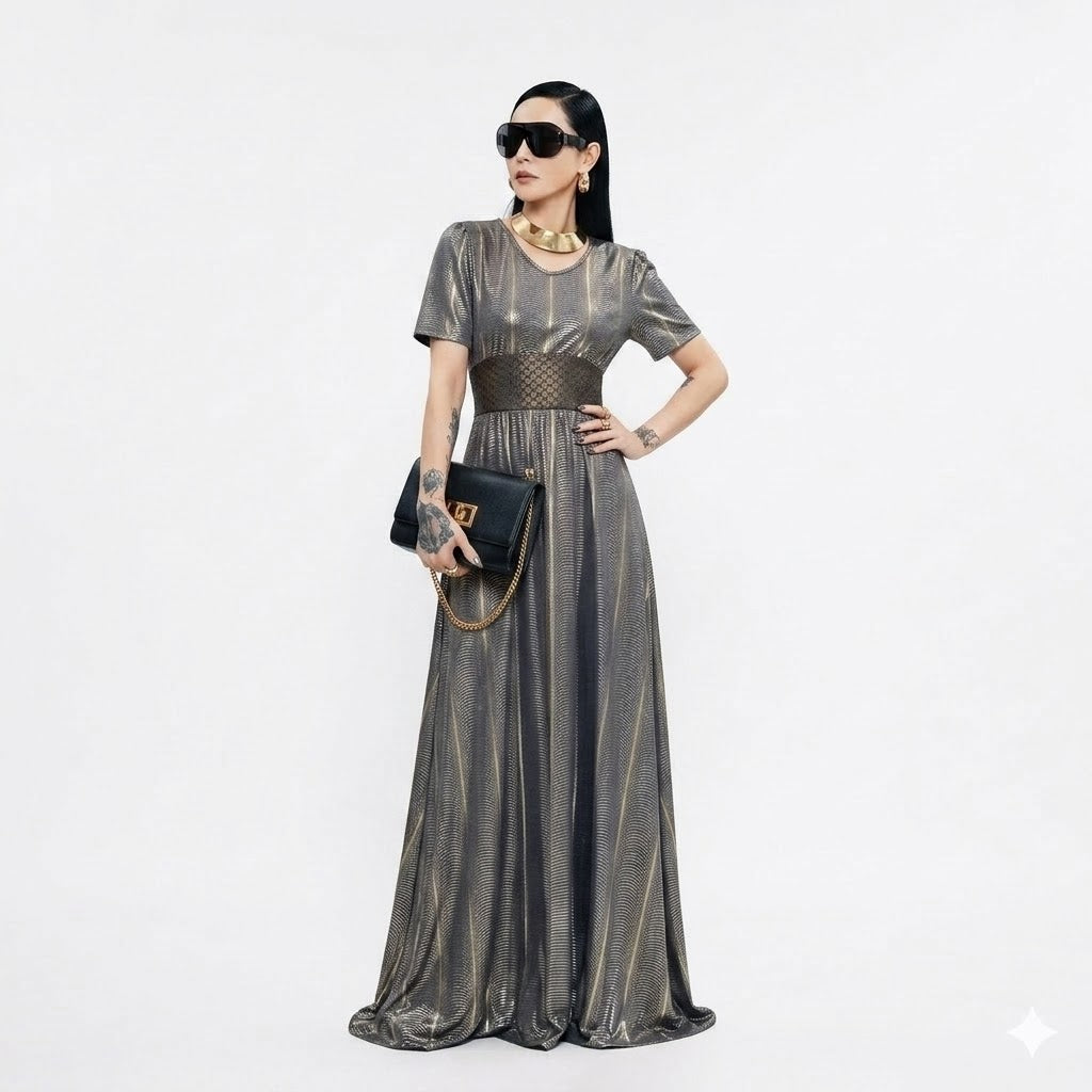 Modern Futuristic V-Neck Short Sleeve Metallic Wire Floor-Length Dress