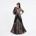 Golden Leaf Floral: Black & Gold Embroidered Fringe Gown