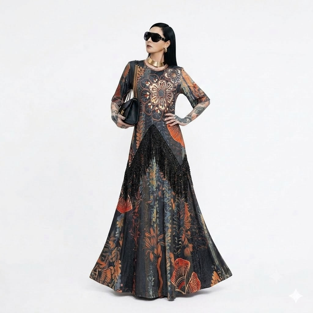 Golden Leaf Floral: Black & Gold Embroidered Fringe Gown