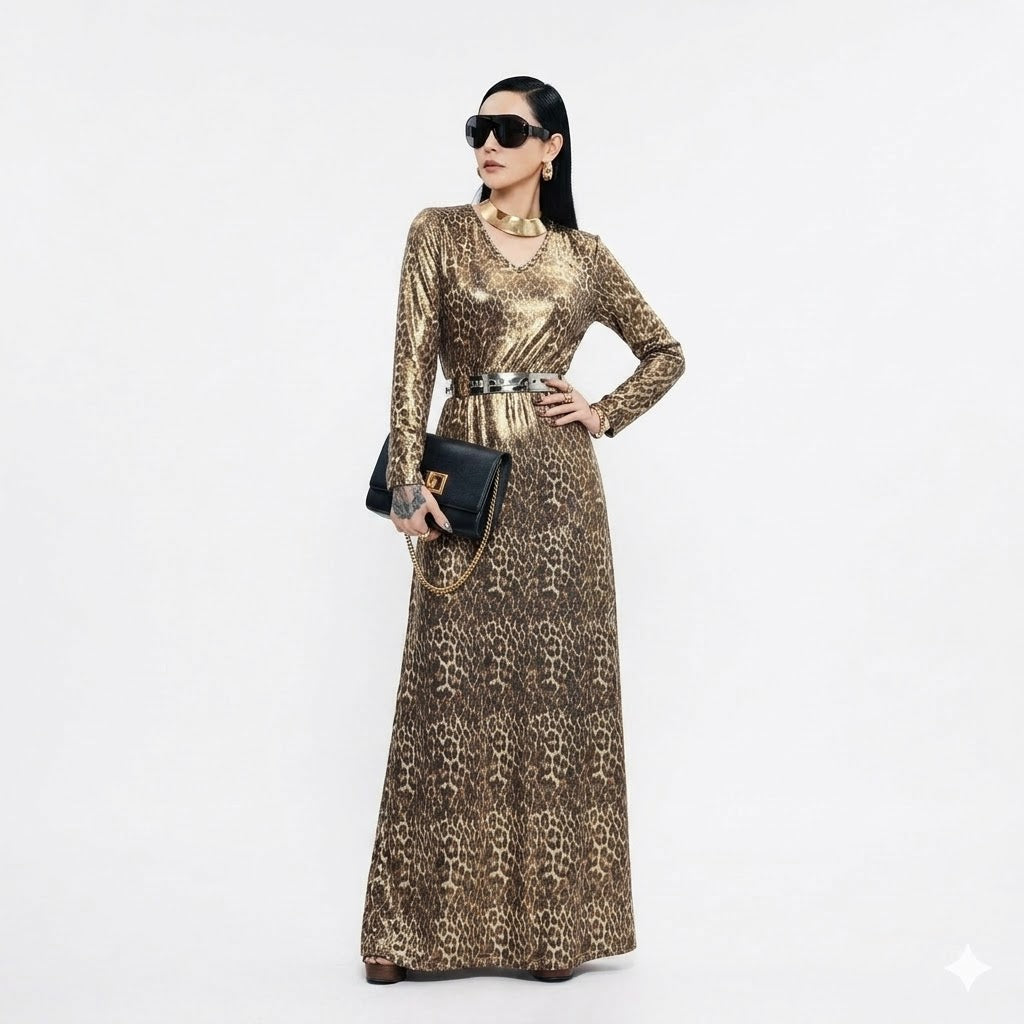 Shimmering Gold Animal Print Long Sleeve Gown for Women