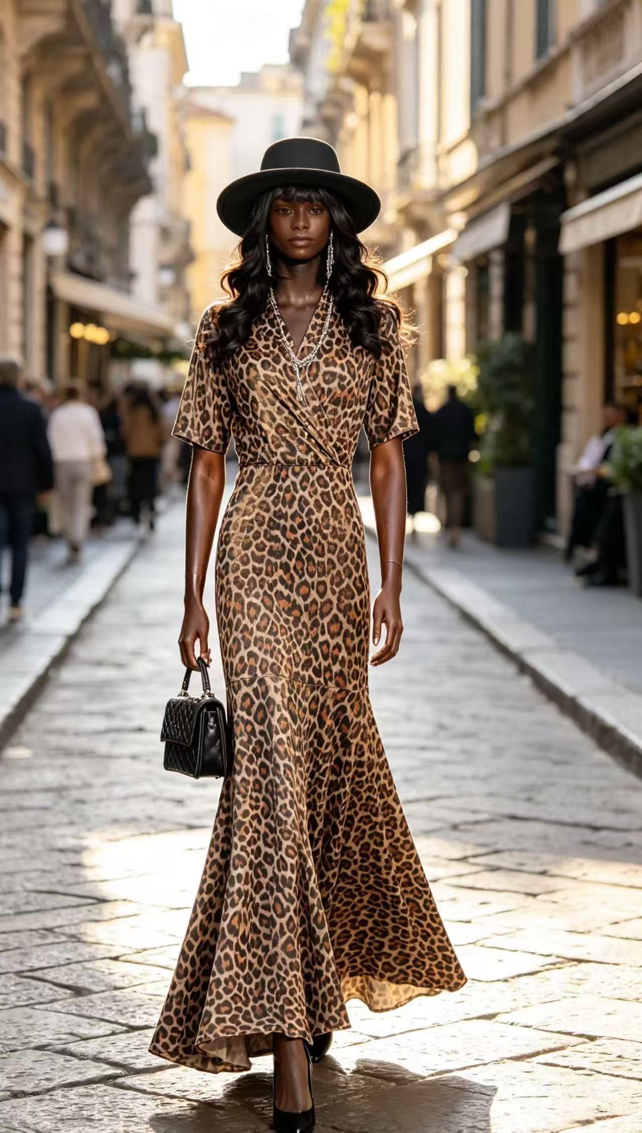 Luxury Classic Leopard Print Maxi Dress - Elegant Wrap V-Neck Fishtail Evening Gown D63100