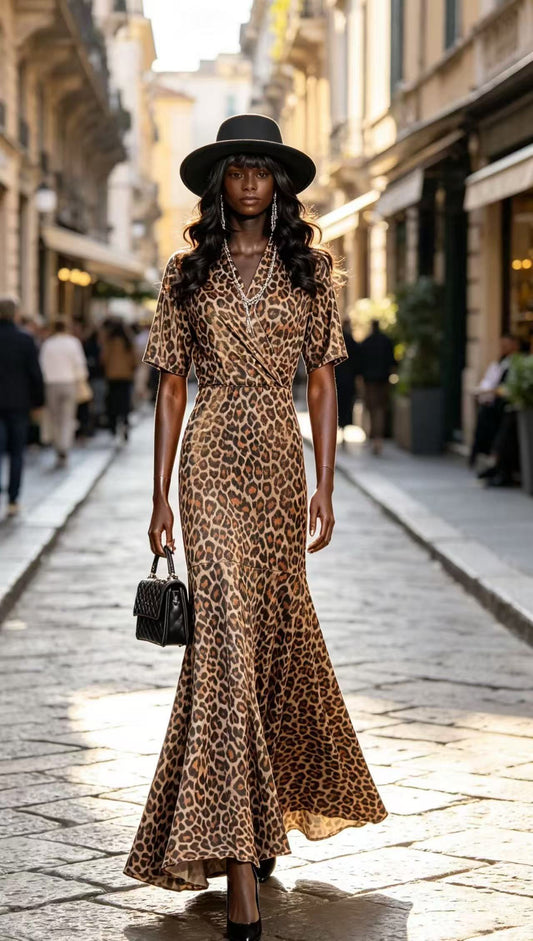 Luxury Classic Leopard Print Maxi Dress - Elegant Wrap V-Neck Fishtail Evening Gown D63100