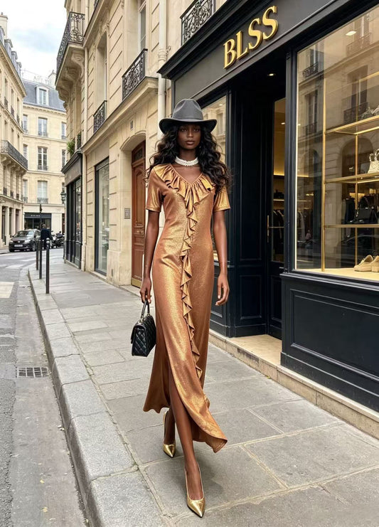 Luxury Rose Gold Metallic Shimmer V-Neck Dress - Elegant Ruffle-Trimmed Slit Evening Maxi Gown D63140