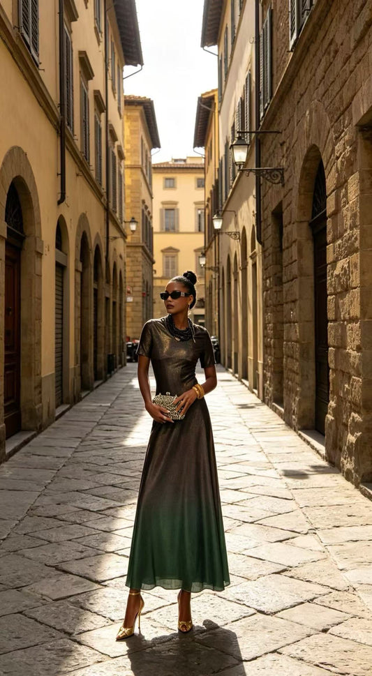 Luxury Metallic Ombre Gradient Maxi Dress - Vintage Black-Gold to Emerald Green Evening Gown