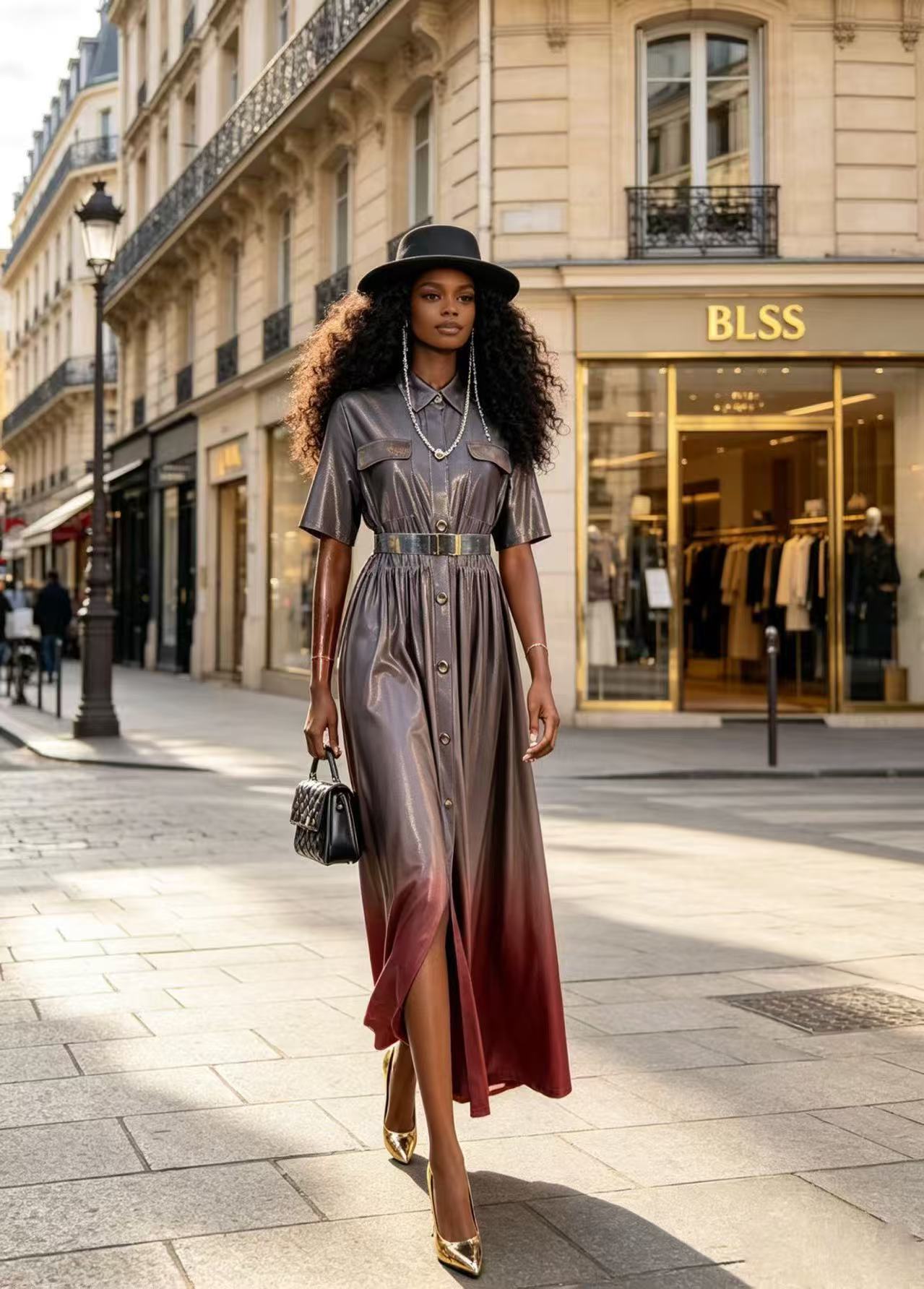 Modern Ombre Metallic Shimmer Shirt Dress - Elegant Utility Lapel Button-Down Maxi Gown D63195