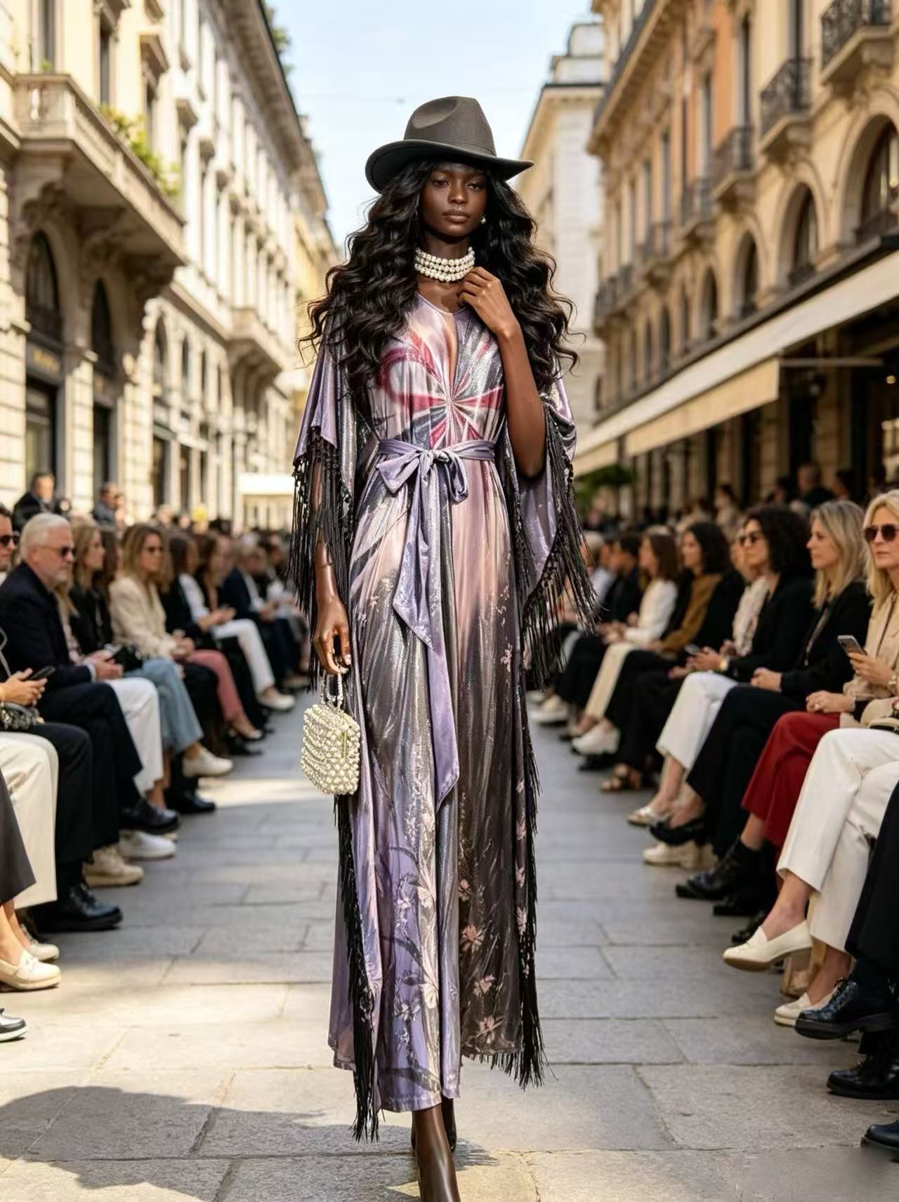 Luxury Lilac Ombre Print Kimono Maxi Dress - Elegant Shimmer Fringe Evening Gown with Waist Tie D63205